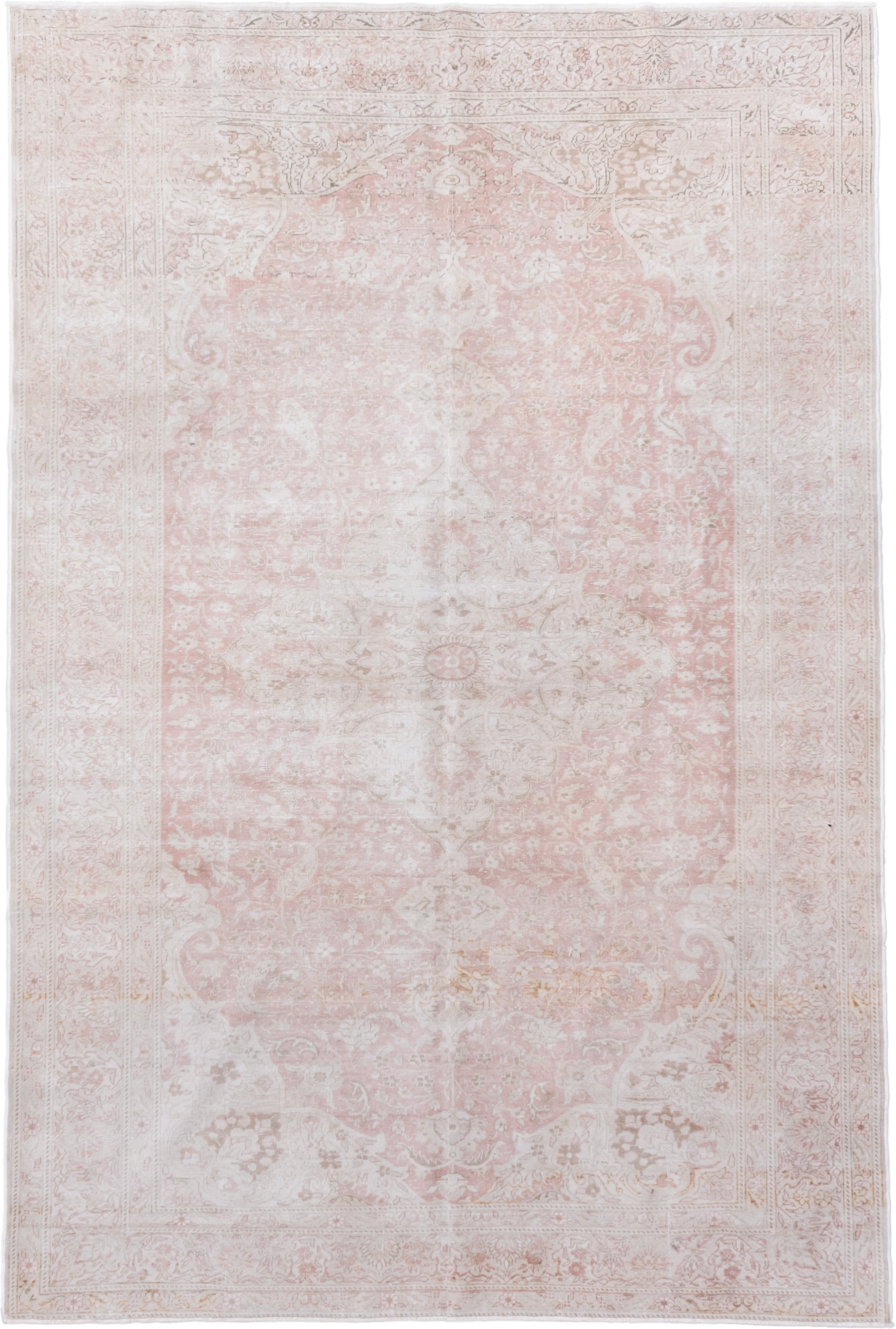 6' x 9' one-of-a-kind handmade vintage Kaisary medium size rug. Color palette: ivory, blush, pale pink, cream, taupe, beige