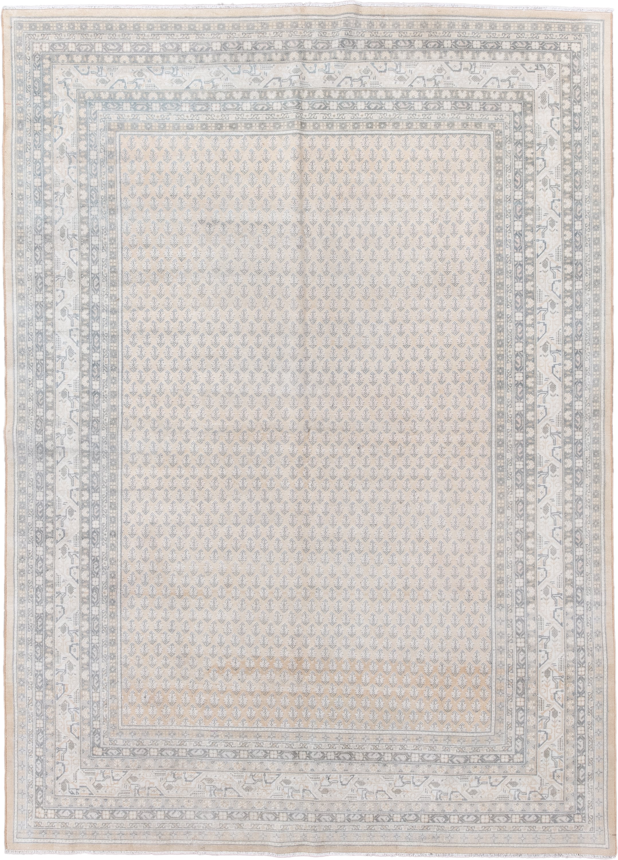 5' x 7' one-of-a-kind handmade antique Saraband rug. Color palette: ivory, pale blue, beige, taupe, cream, slate, light blue