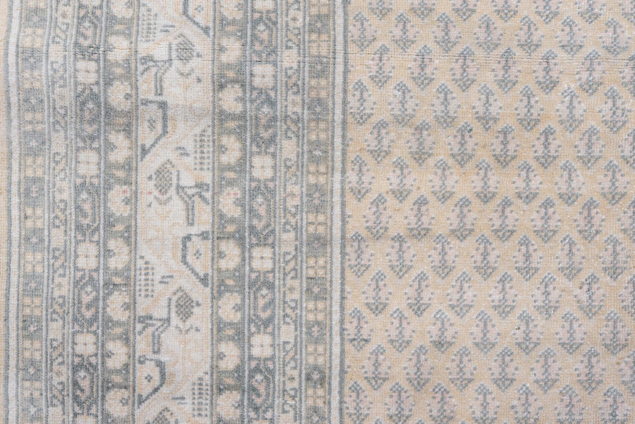 5' x 7' one-of-a-kind handmade antique Saraband rug. Color palette: ivory, pale blue, beige, taupe, cream, slate, light blue