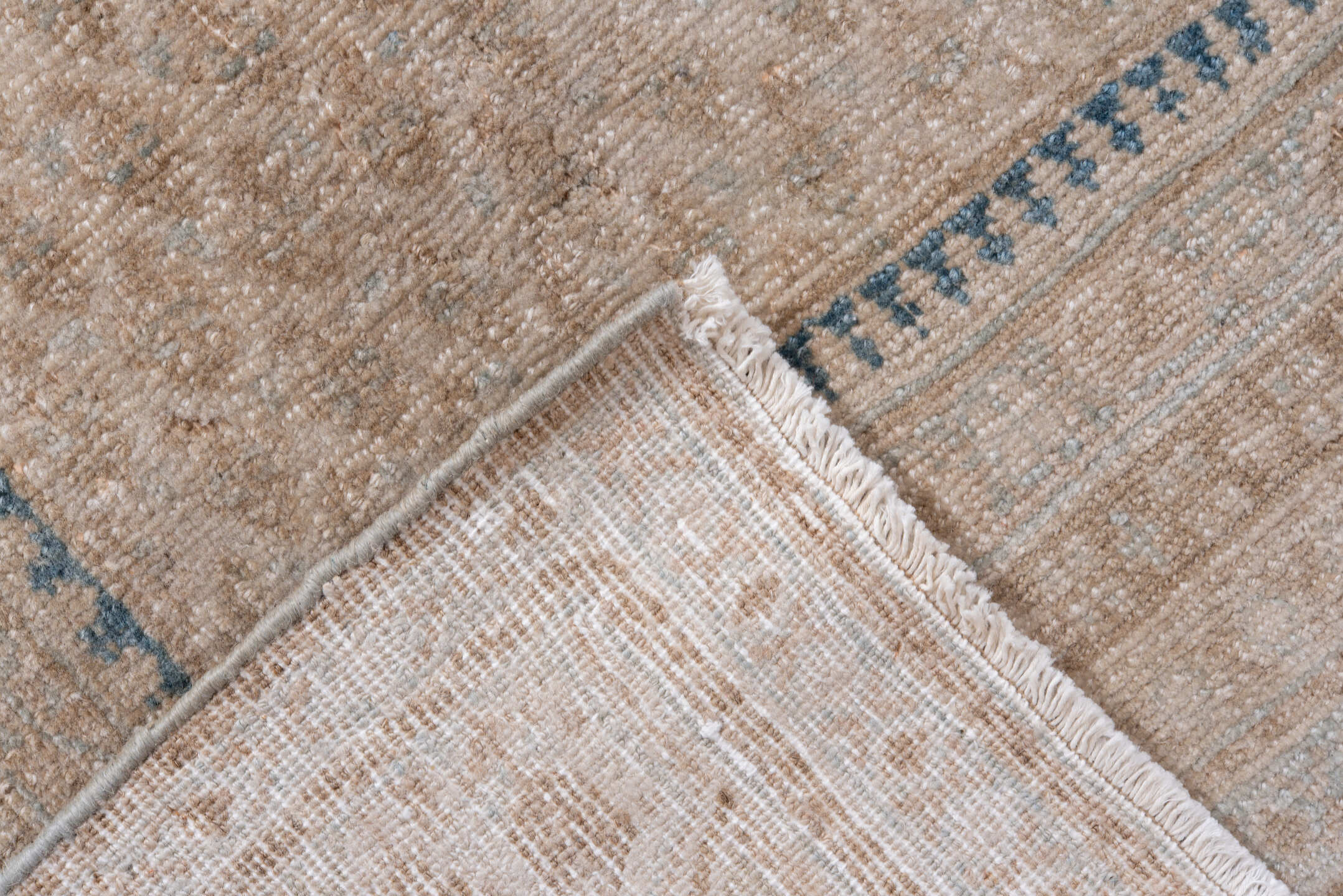 6' x 9' one-of-a-kind handmade vintage Saraband medium size rug. Color palette: blue, dim gray, gainsboro, gray, light gray