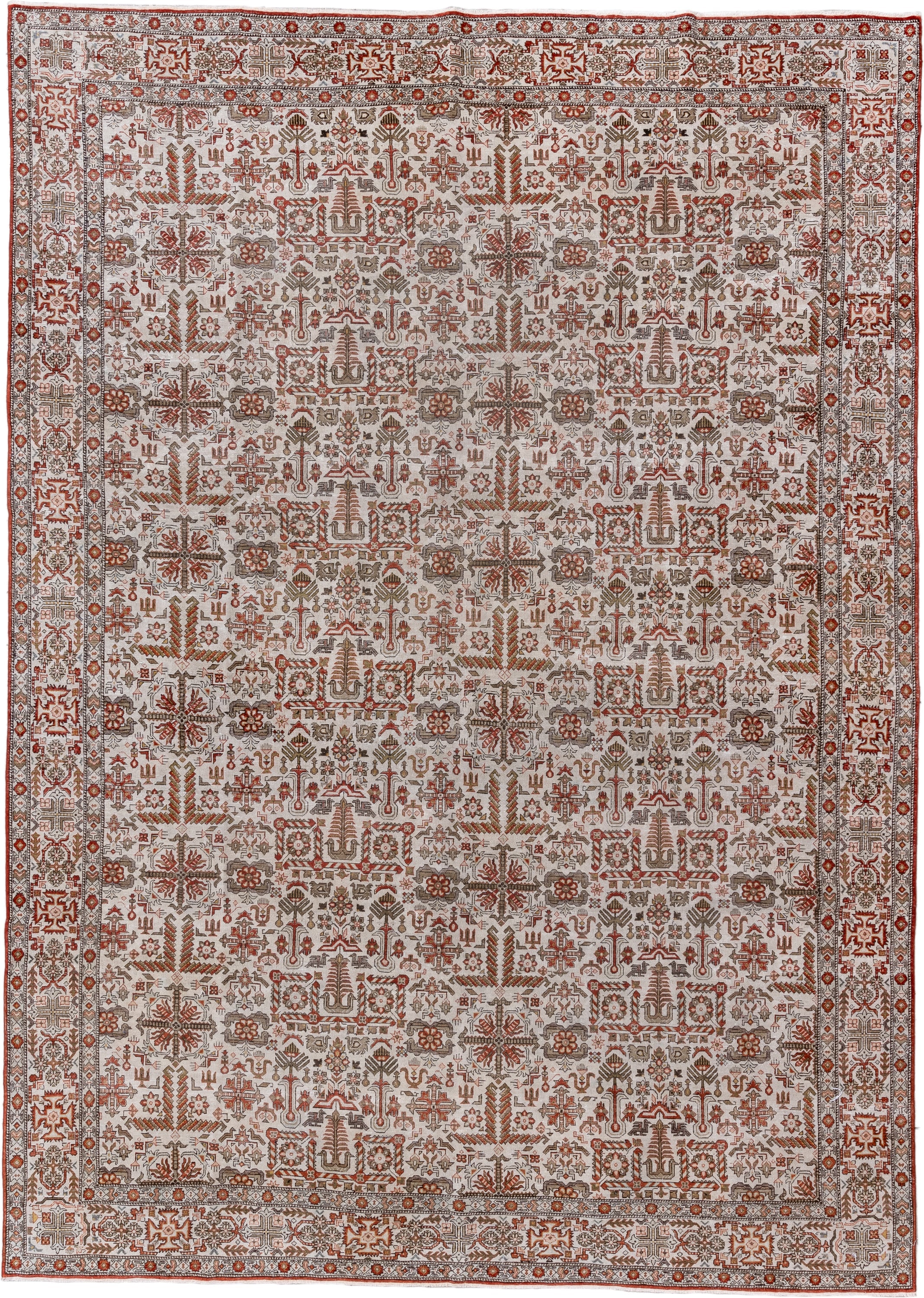 8' x 12' one-of-a-kind handmade vintage Varamin large size rug. Color palette: ivory, rust, taupe, camel, brown, terracotta