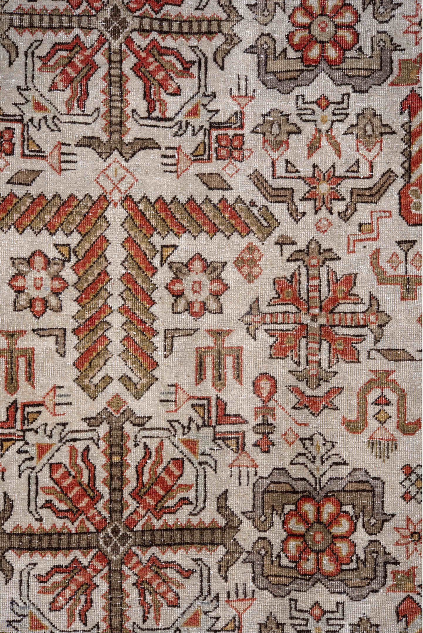 8' x 12' one-of-a-kind handmade vintage Varamin large size rug. Color palette: brown, gainsboro, gray, light gray, off-white