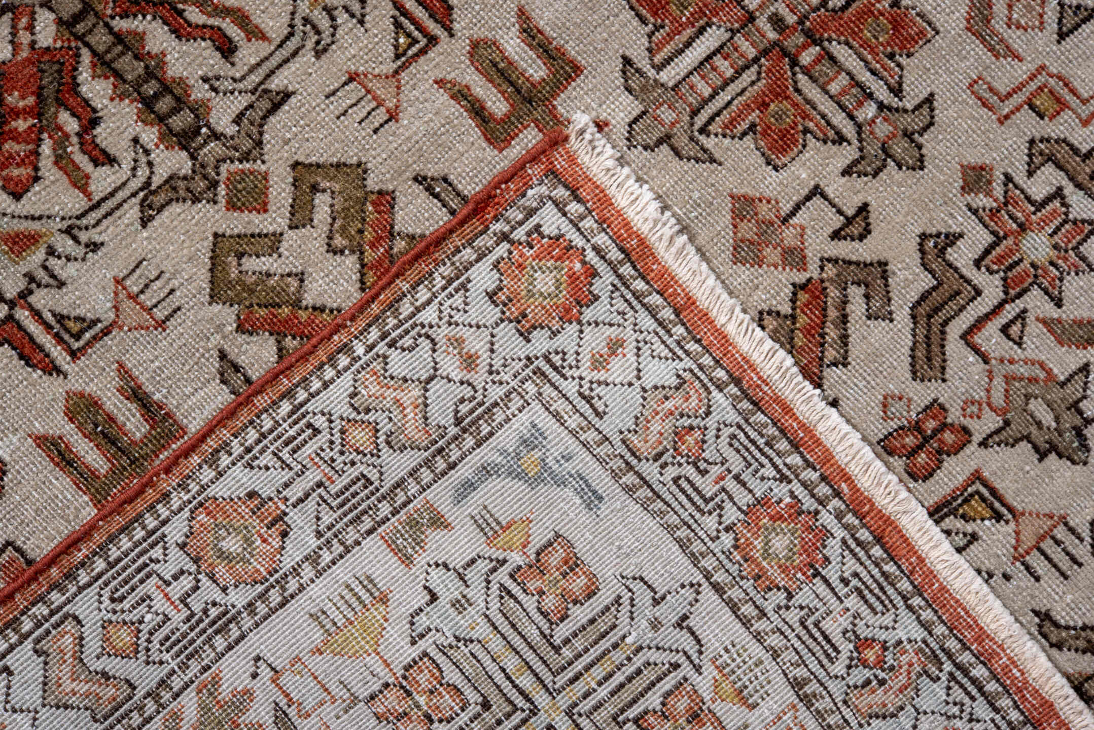 8' x 12' one-of-a-kind handmade vintage Varamin large size rug. Color palette: ivory, rust, taupe, camel, brown, terracotta