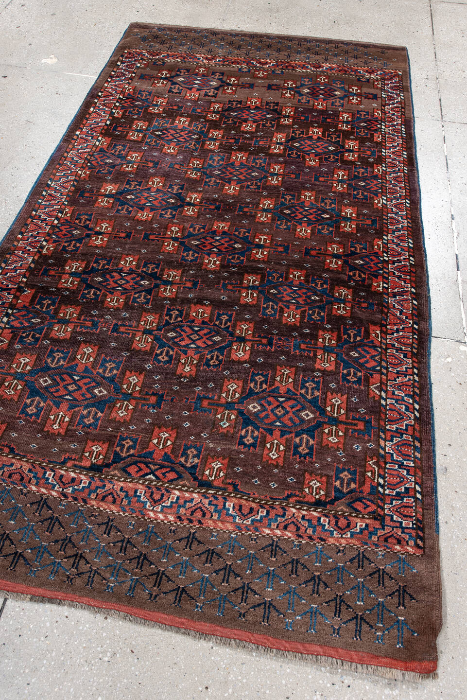 4' x 7' one-of-a-kind handmade vintage Yamoud rug. Color palette: blue, brown, dim gray, gray, light gray, light slate gray