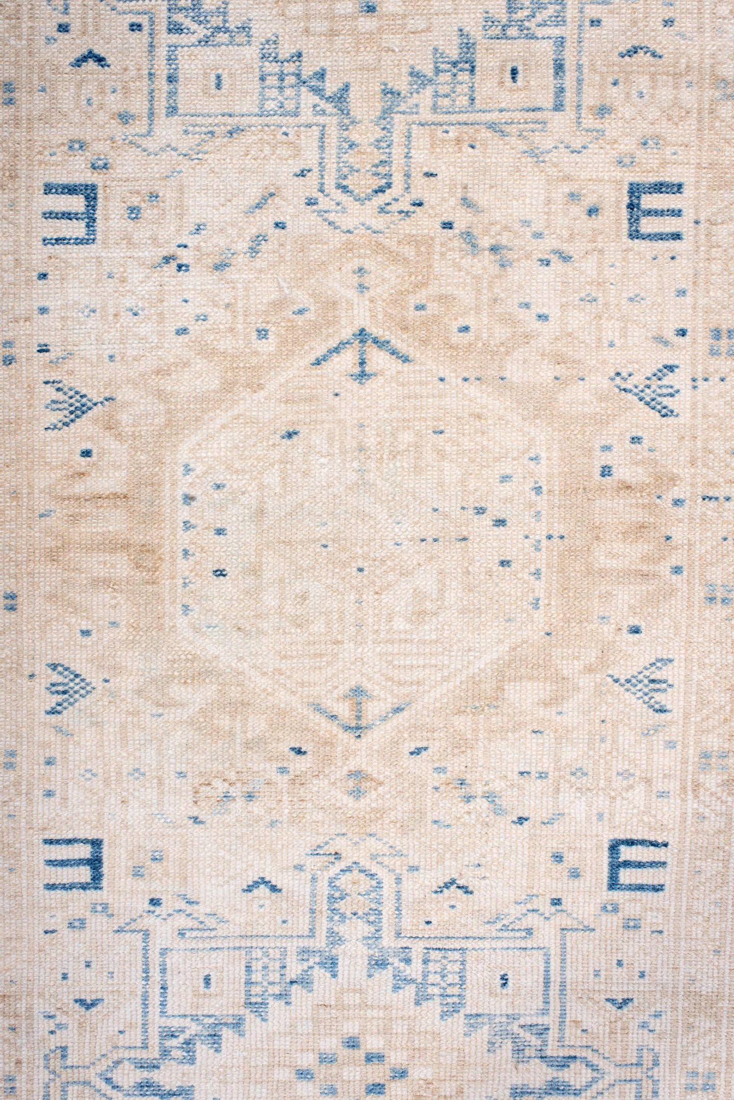 2' x 10' one-of-a-kind handmade antique Karaje runner rug. Color palette: ivory, sky blue, beige, cream, light blue