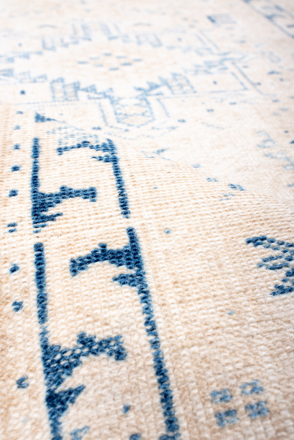 2' x 10' one-of-a-kind handmade vintage Karaje runner rug. Color palette: blue, floral white, gainsboro, ghost white, gray