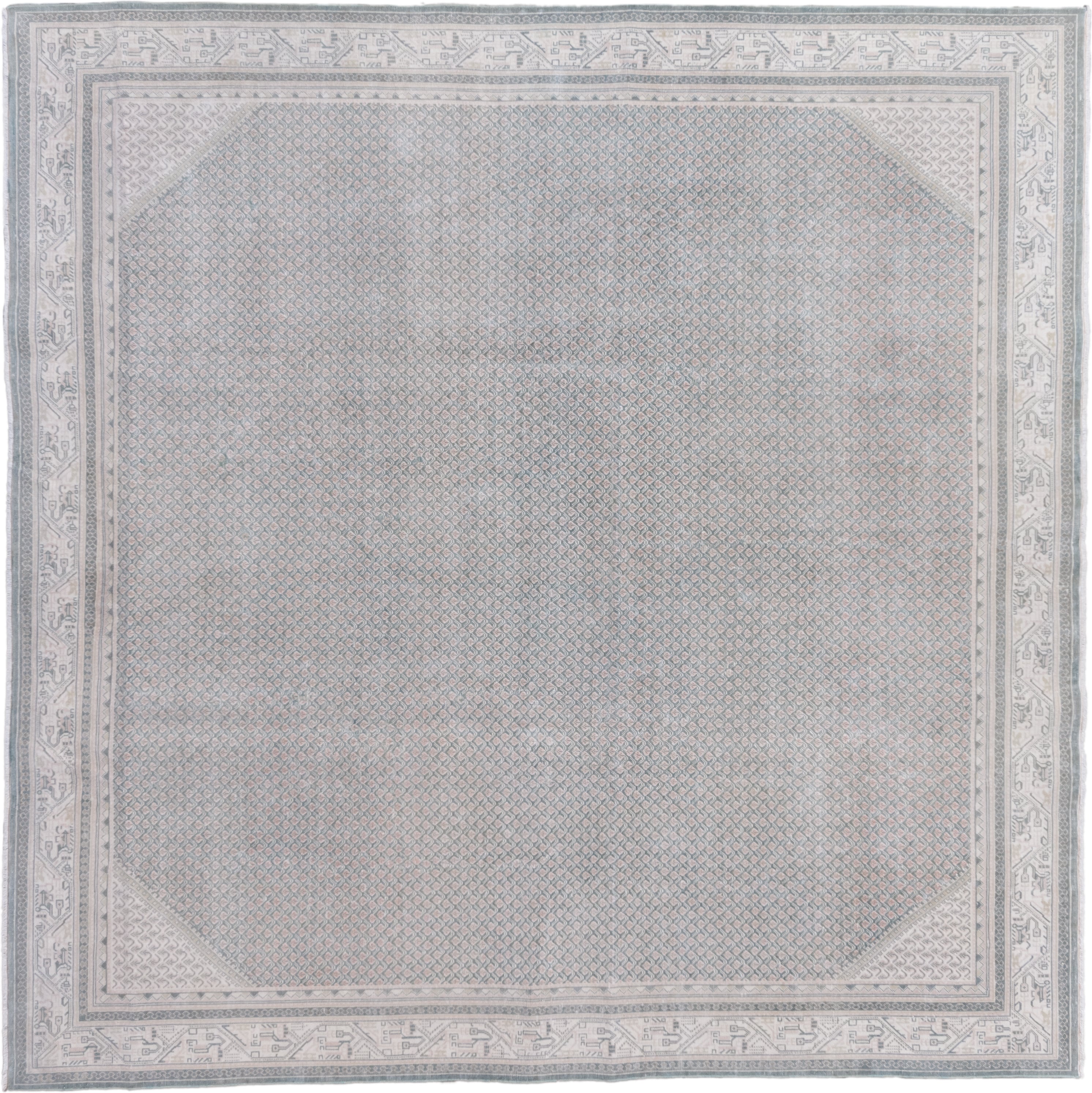 8' x 8' one-of-a-kind handmade vintage Mir rug. Color palette: pale blue, ivory, blush, taupe, slate, light blue, pink