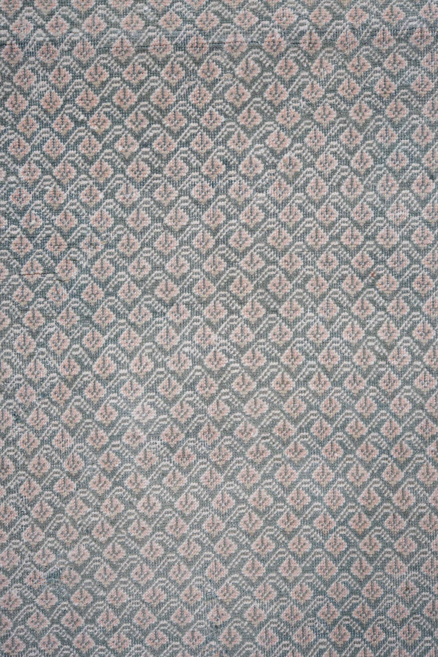 8' x 8' one-of-a-kind handmade vintage Mir rug. Color palette: pale blue, ivory, blush, taupe, slate, light blue, pink