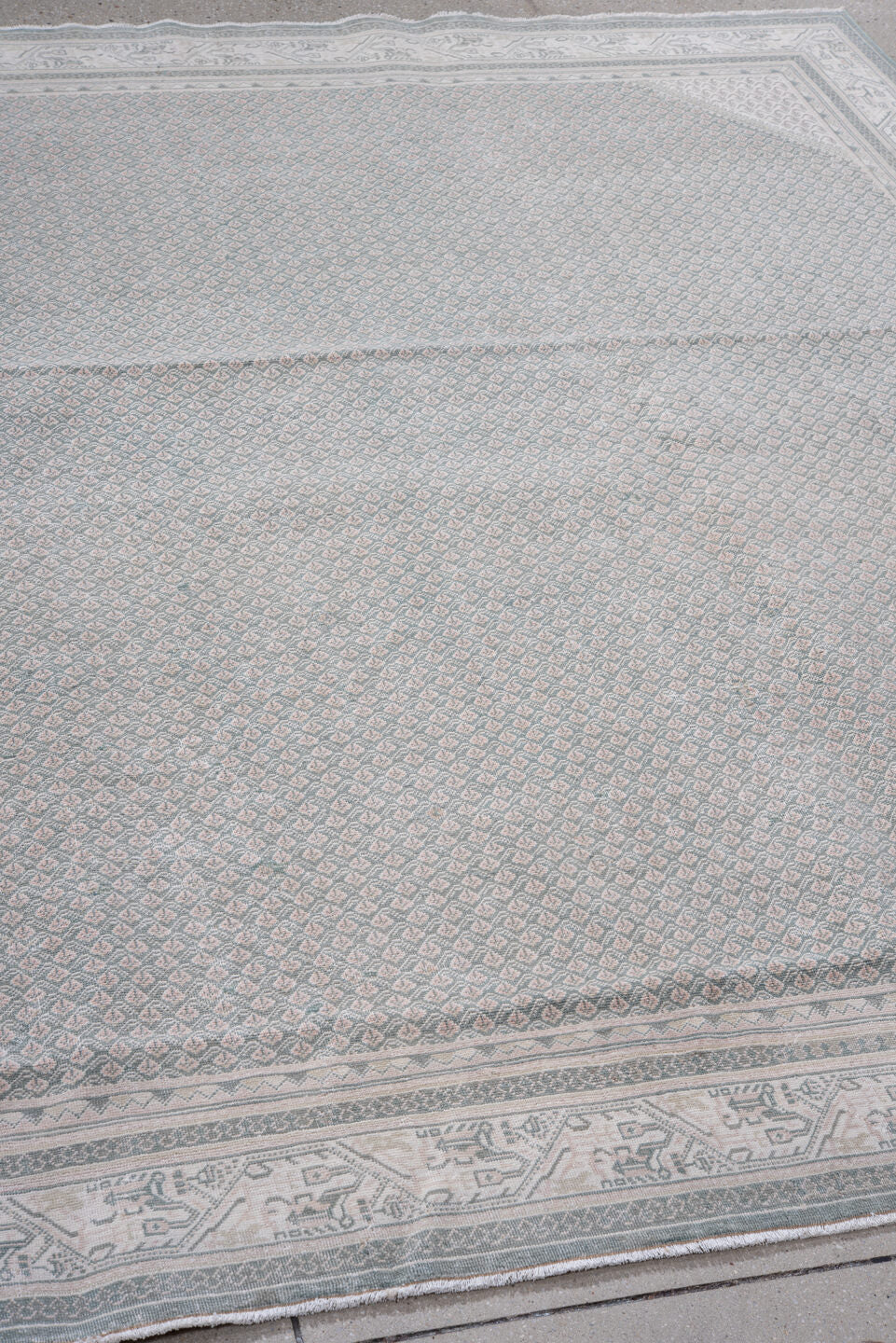 8' x 8' one-of-a-kind handmade vintage Mir rug. Color palette: pale blue, ivory, blush, taupe, slate, light blue, pink