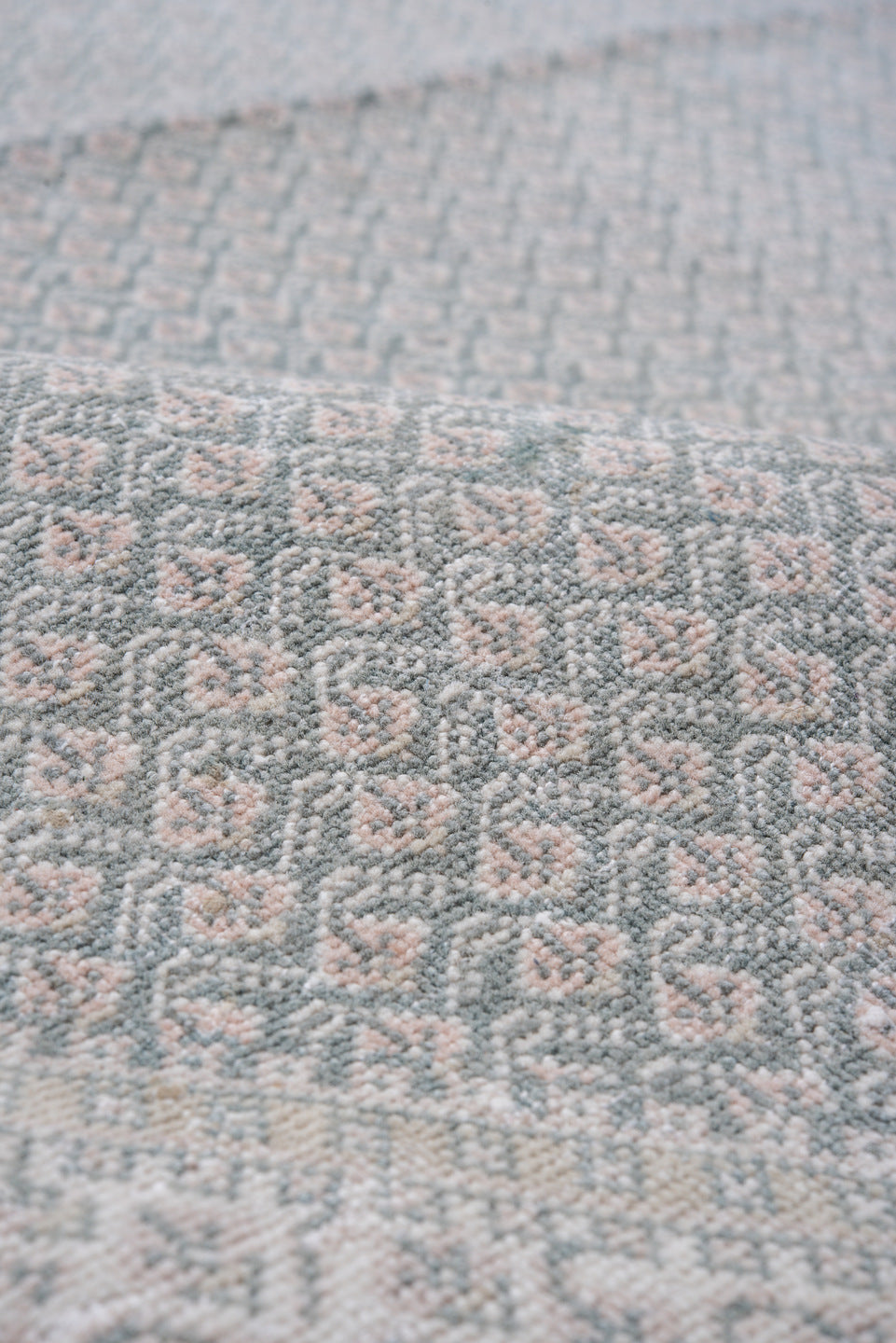 8' x 8' one-of-a-kind handmade vintage Mir rug. Color palette: pale blue, ivory, blush, taupe, slate, light blue, pink