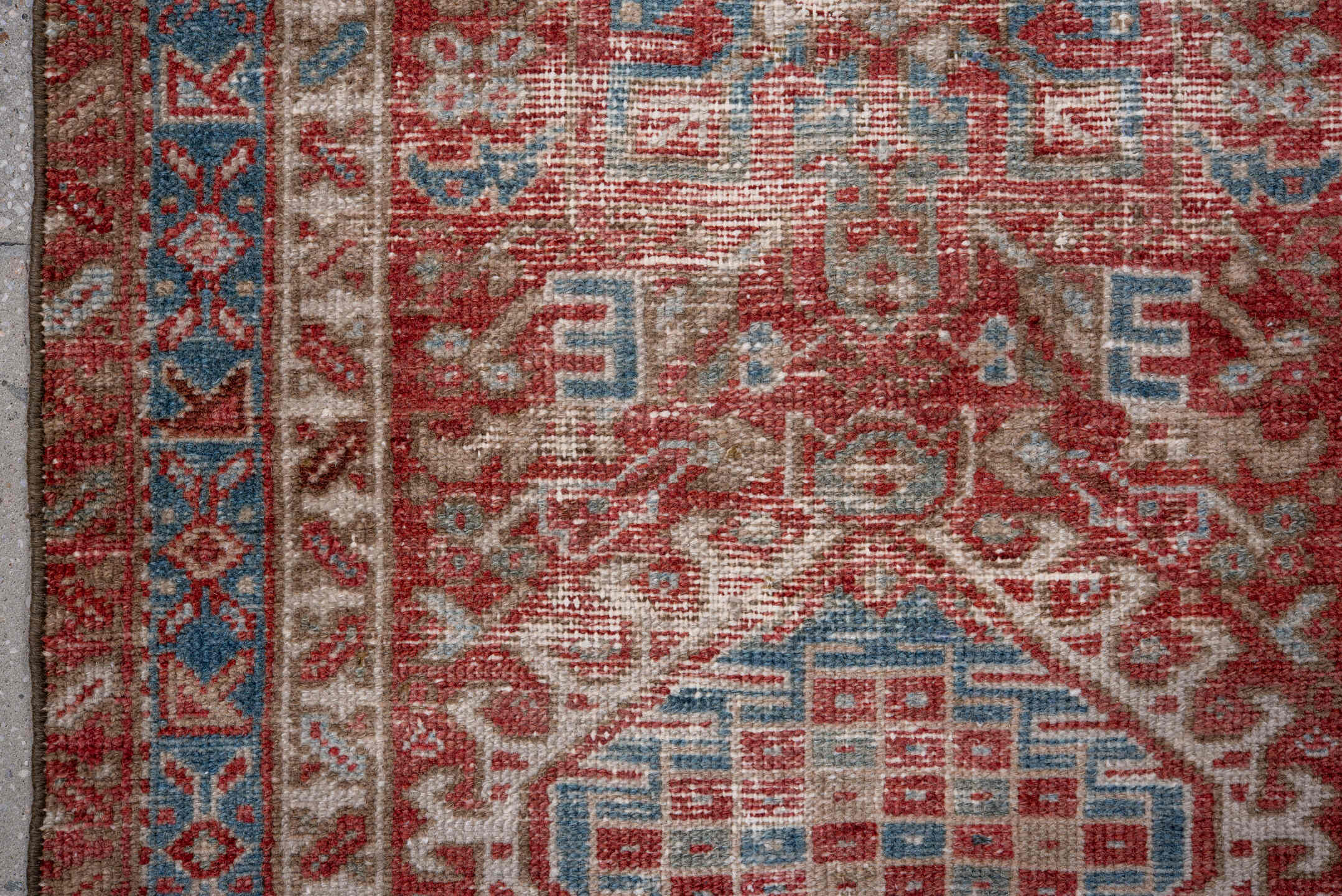 2' x 8' one-of-a-kind handmade vintage Karaje runner rug. Color palette: rust, ivory, sky blue, brick, coral, slate blue