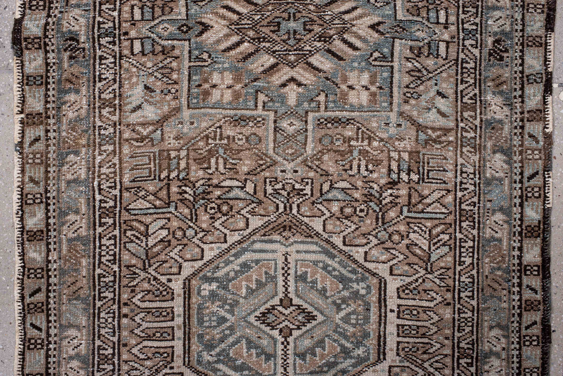 3' x 11' one-of-a-kind handmade antique Karaje runner rug. Color palette: taupe, brown, ivory, slate, camel, charcoal
