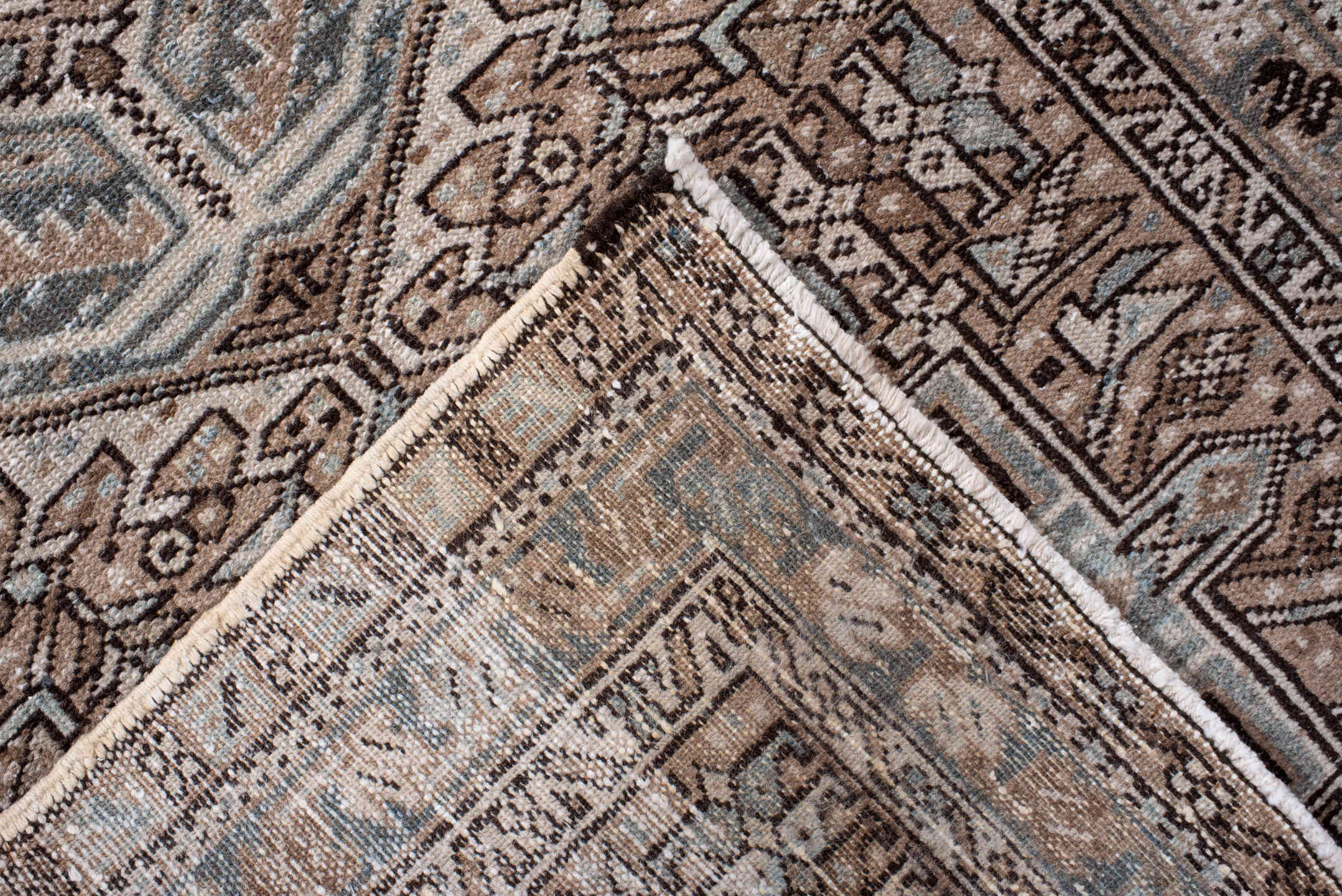 3' x 11' one-of-a-kind handmade antique Karaje runner rug. Color palette: taupe, brown, ivory, slate, camel, charcoal