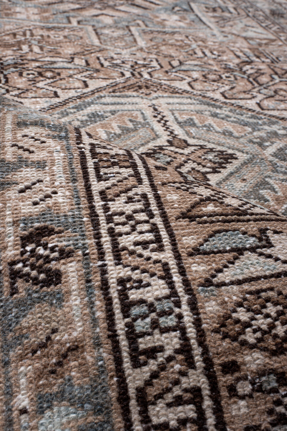 3' x 11' one-of-a-kind handmade vintage Karaje runner rug. Color palette: brown, dim gray, gray, light gray, off-white, pink