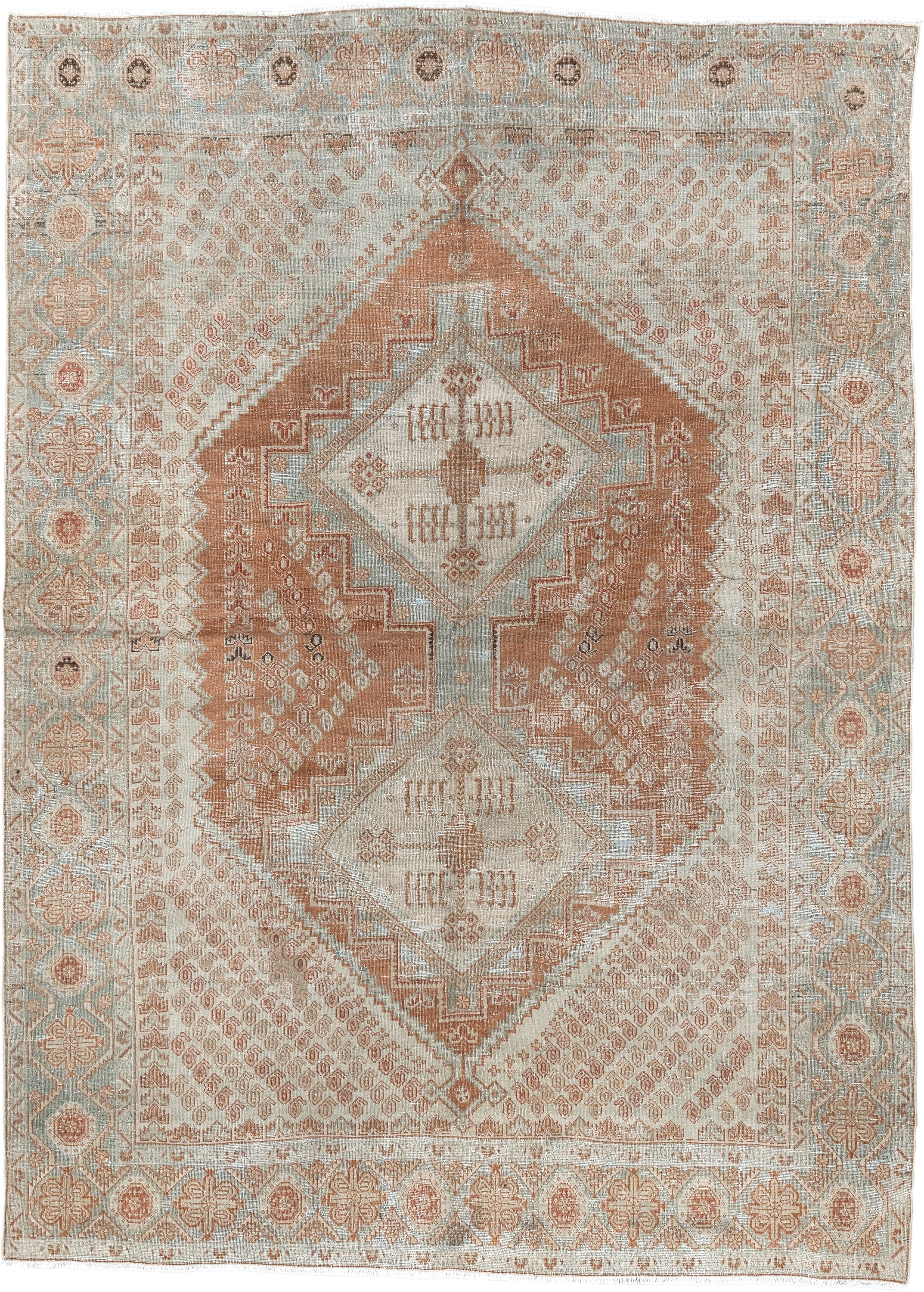 4' x 6' one-of-a-kind handmade vintage Afshar rug. Color palette: ivory, terra cotta, pale blue, taupe, camel, rust