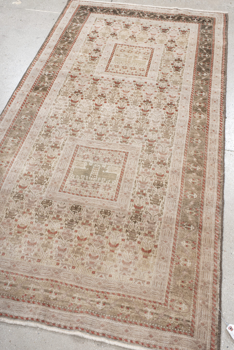 3' x 6' one-of-a-kind handmade vintage Belouch small size rug. Color palette: ivory, taupe, brown, rust, camel, beige, gray