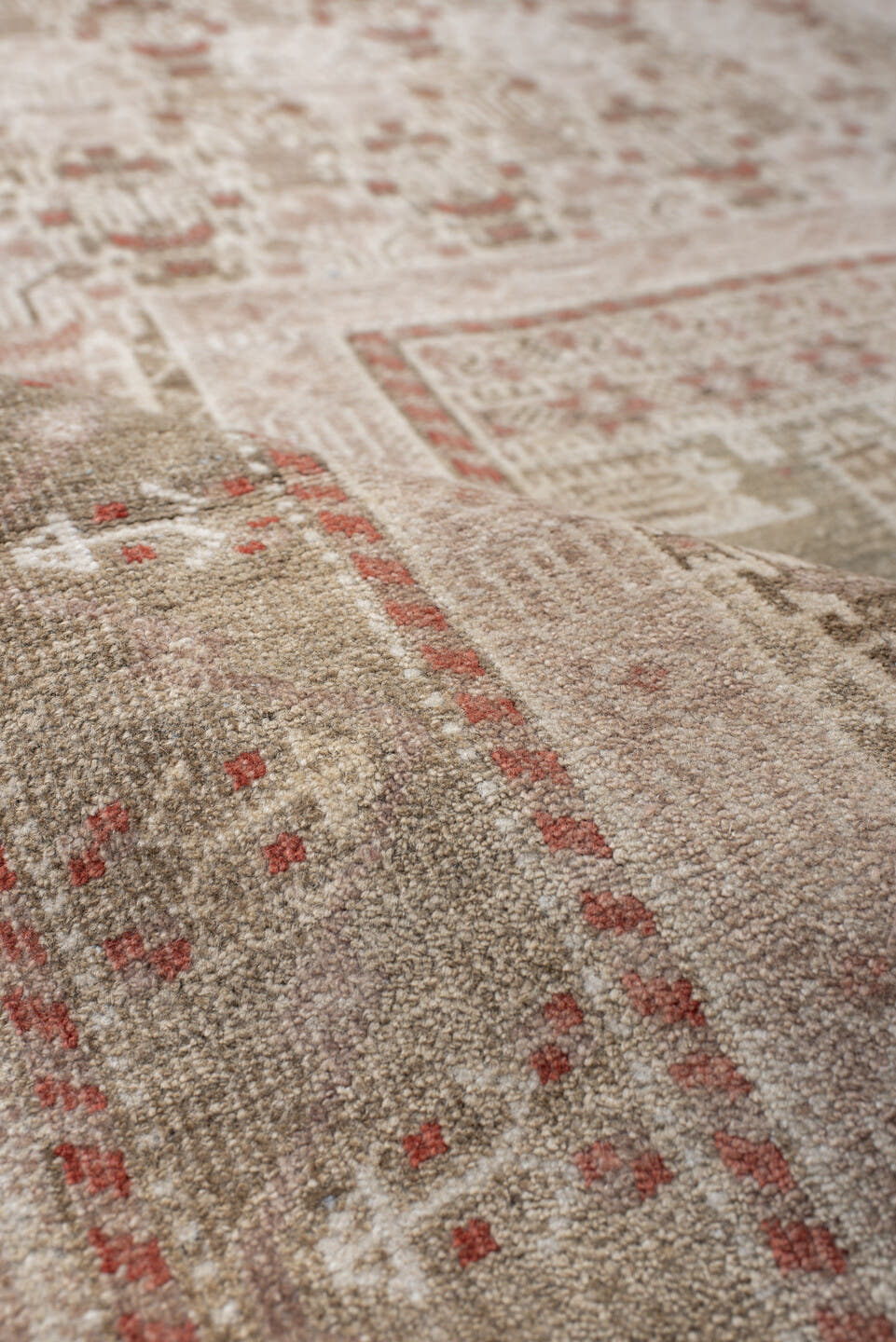 3' x 6' one-of-a-kind handmade vintage Belouch small size rug. Color palette: ivory, taupe, brown, rust, camel, beige, gray