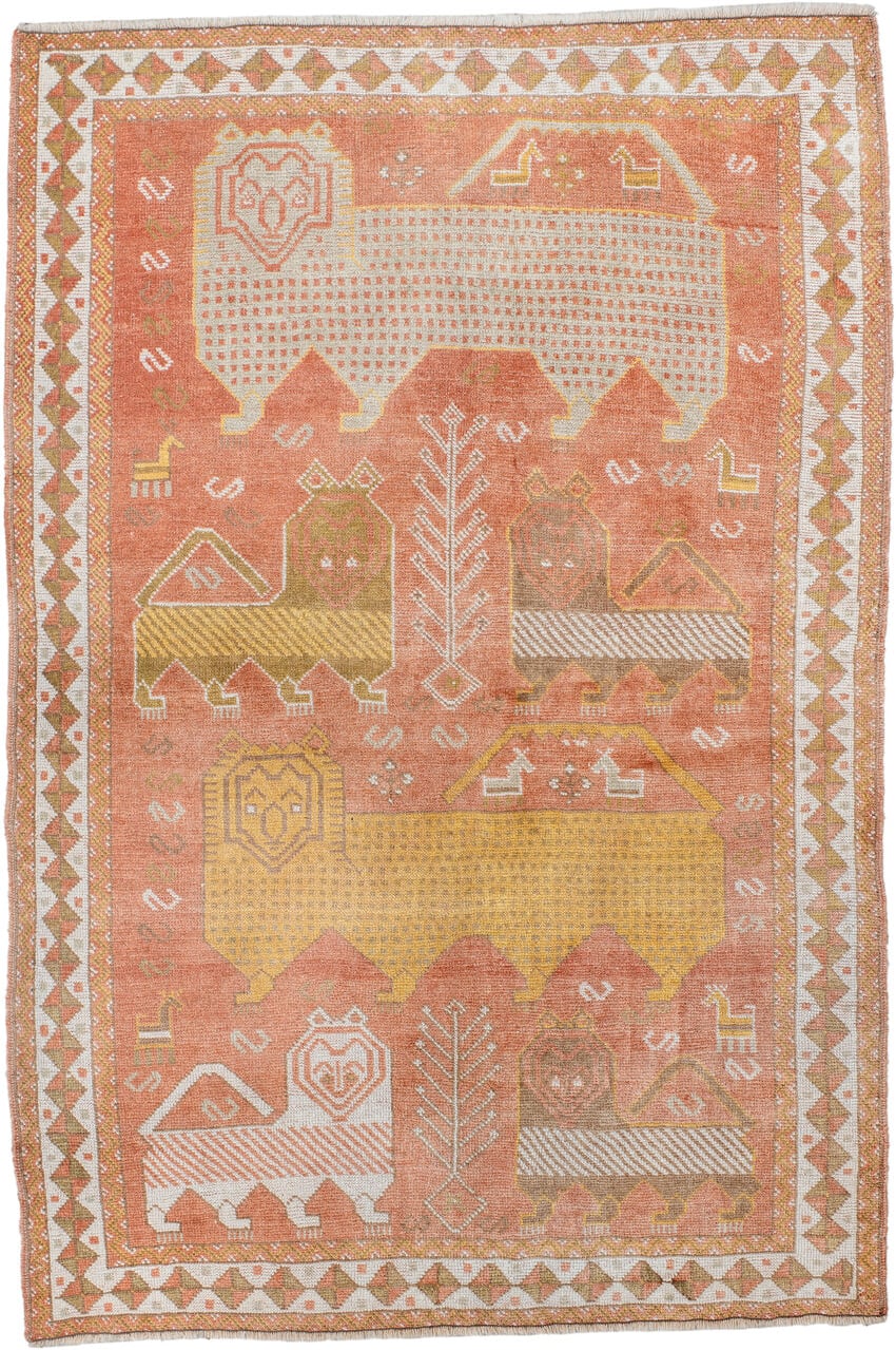 4' x 6' one-of-a-kind handmade antique Gabbe small size rug. Color palette: terra cotta, ivory, gold, camel, olive, taupe