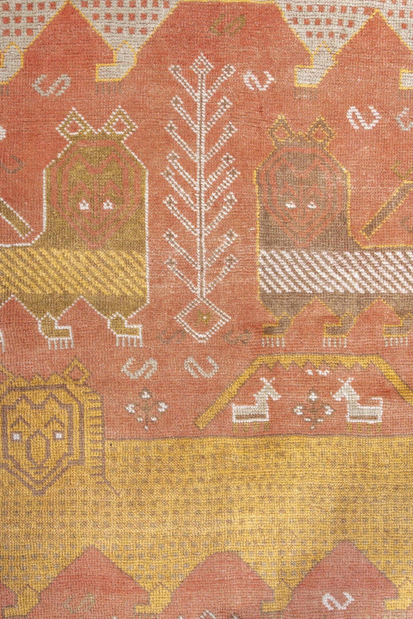 4' x 6' one-of-a-kind handmade antique Gabbe small size rug. Color palette: terra cotta, ivory, gold, camel, olive, taupe