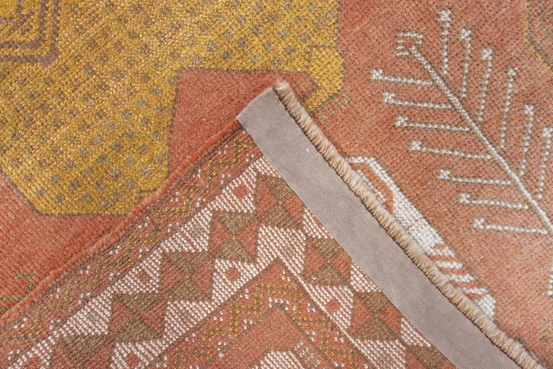 4' x 6' one-of-a-kind handmade vintage Gabbe small size rug. Color palette: brown, gray, light gray, off-white, orange, pink