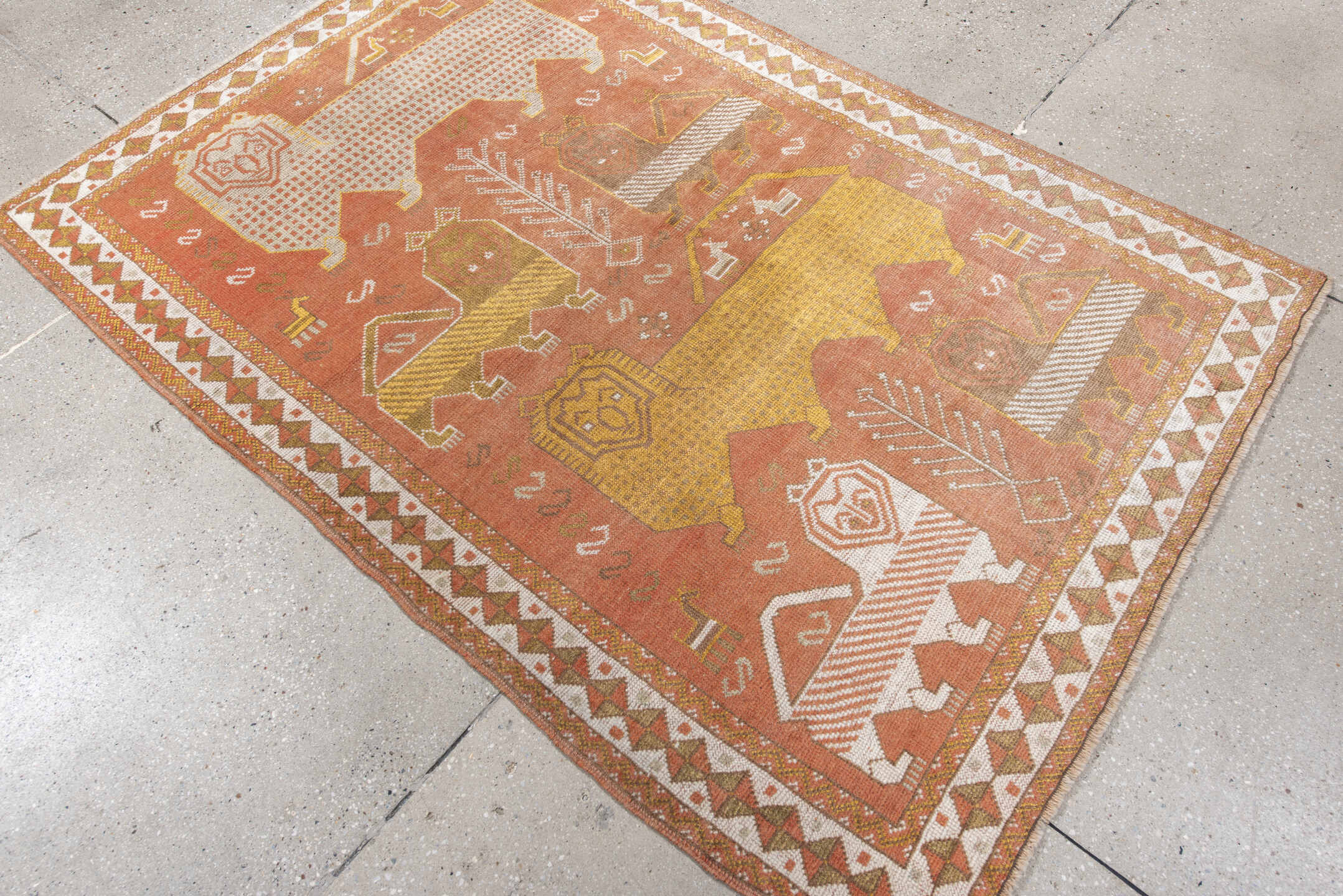 4' x 6' one-of-a-kind handmade antique Gabbe small size rug. Color palette: terra cotta, ivory, gold, camel, olive, taupe