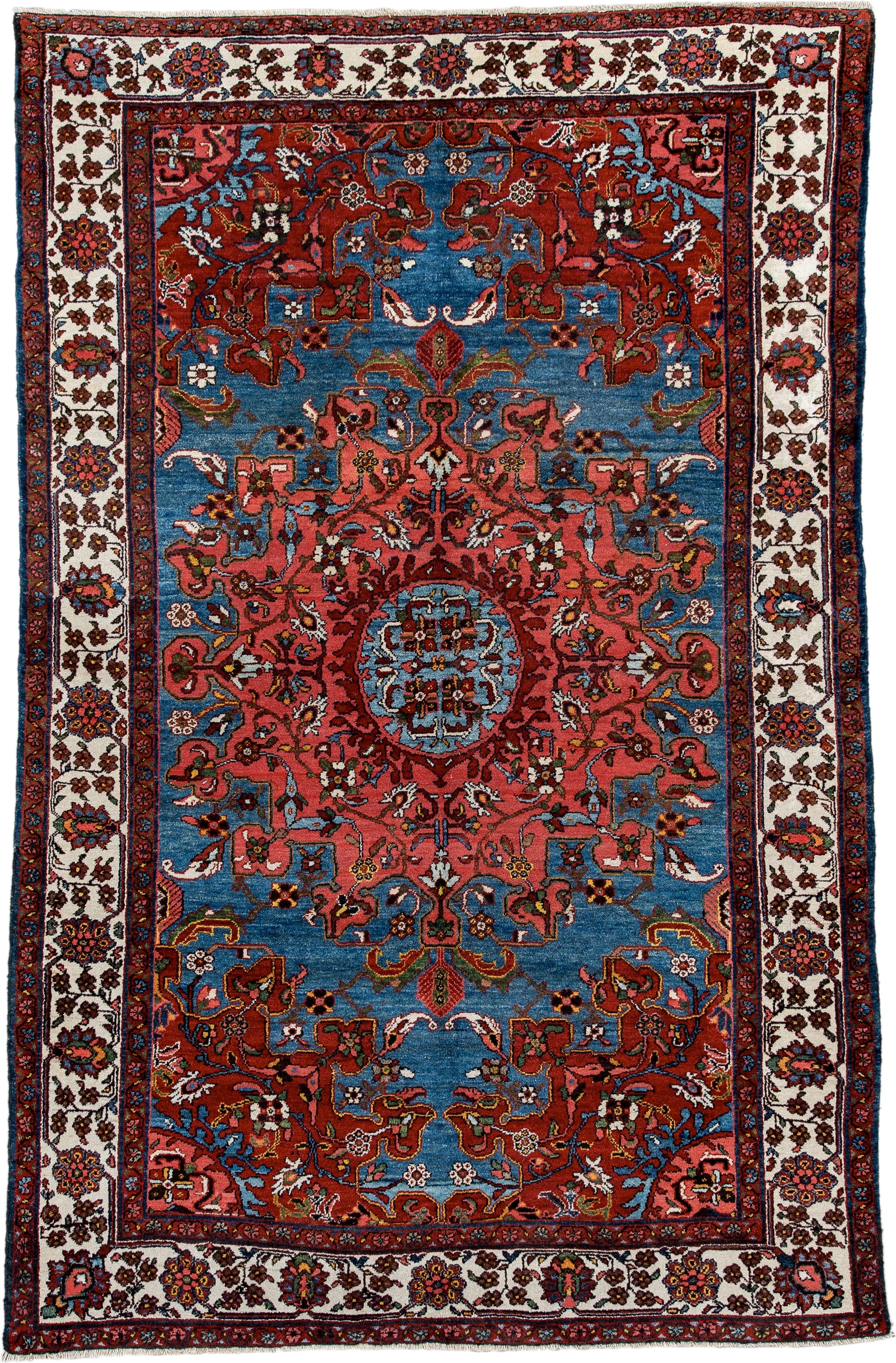 4' x 6' one-of-a-kind handmade antique Malayer small size rug. Color palette: sky blue, rust, ivory, rose, navy, burgundy