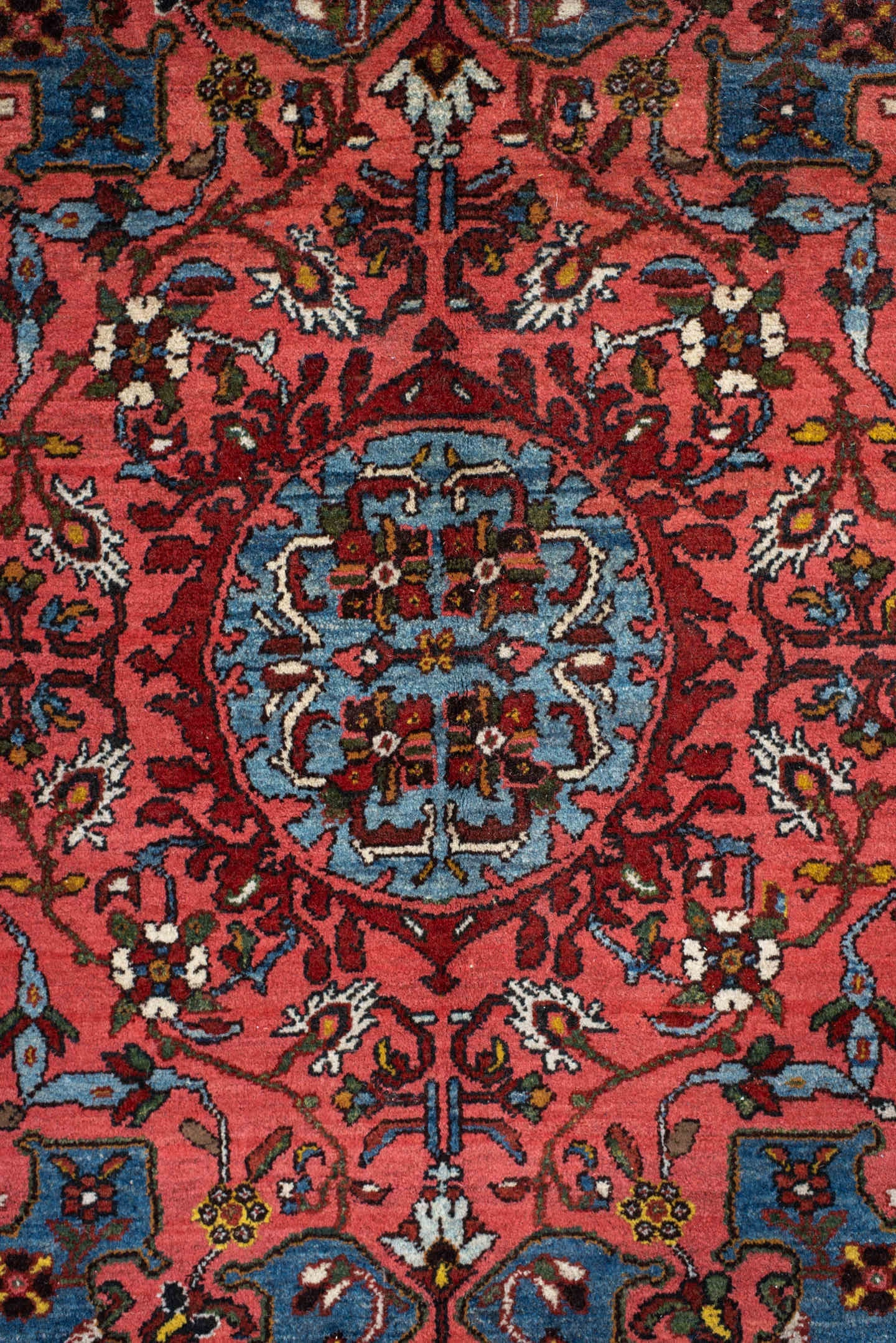 4' x 6' one-of-a-kind handmade antique Malayer small size rug. Color palette: sky blue, rust, ivory, rose, navy, burgundy