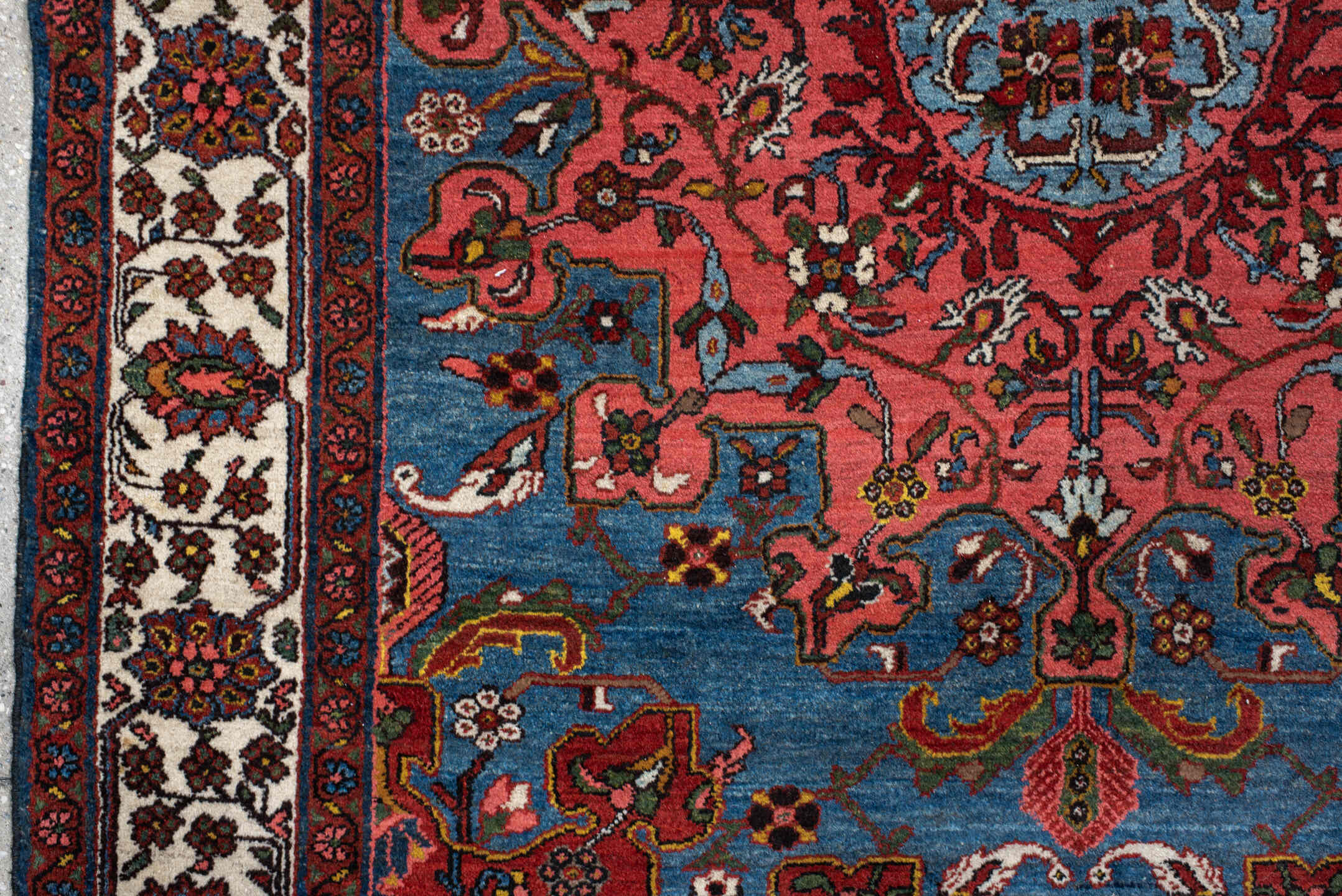 4' x 6' one-of-a-kind handmade antique Malayer small size rug. Color palette: sky blue, rust, ivory, rose, navy, burgundy