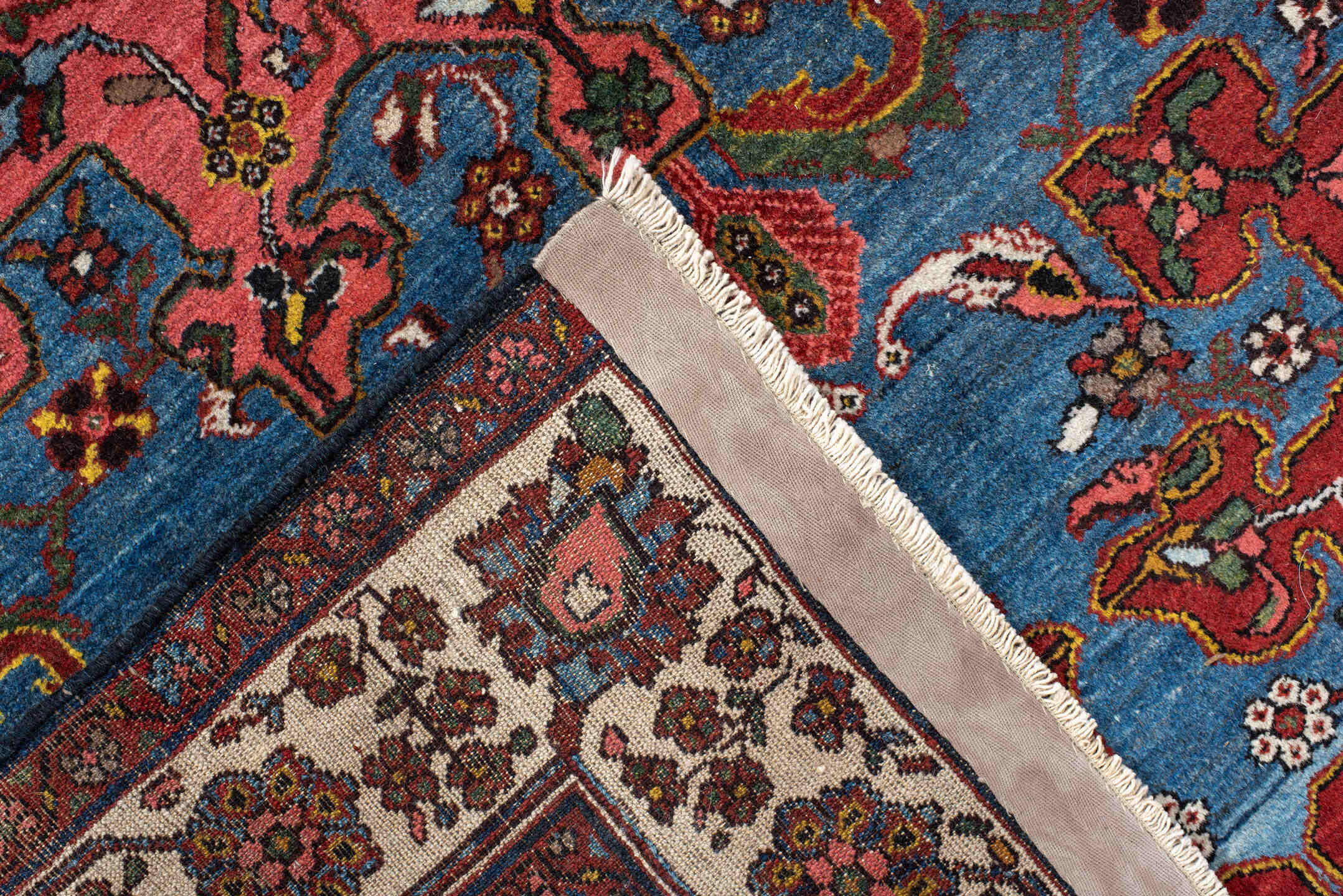 4' x 6' one-of-a-kind handmade antique Malayer small size rug. Color palette: sky blue, rust, ivory, rose, navy, burgundy