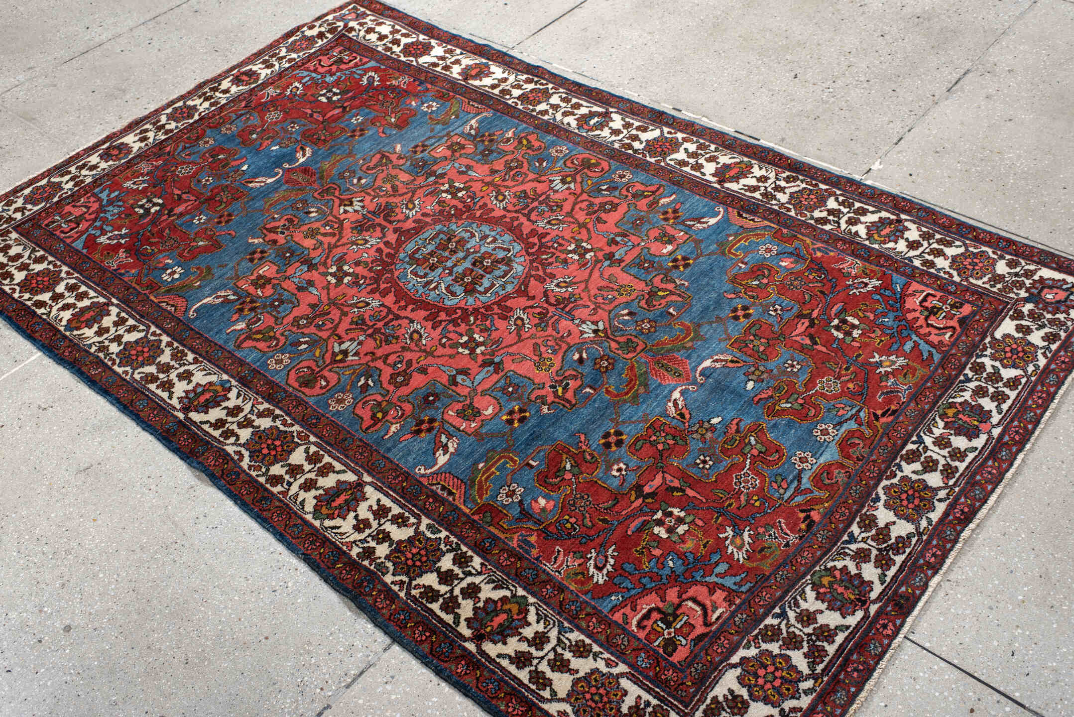 4' x 6' one-of-a-kind handmade antique Malayer small size rug. Color palette: sky blue, rust, ivory, rose, navy, burgundy