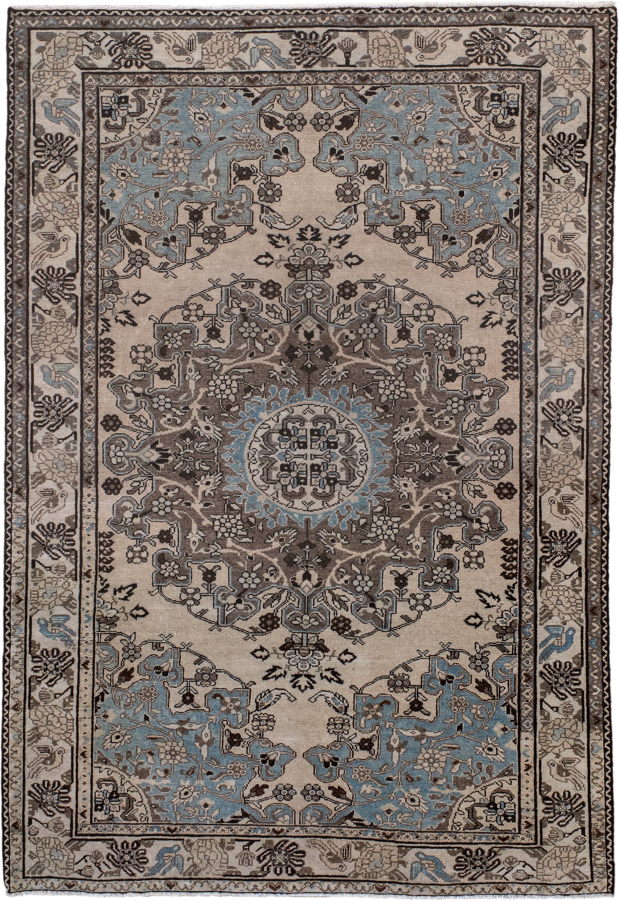 4' x 6' one-of-a-kind handmade antique Malayer small size rug. Color palette: ivory, sky blue, taupe, charcoal, brown, slate