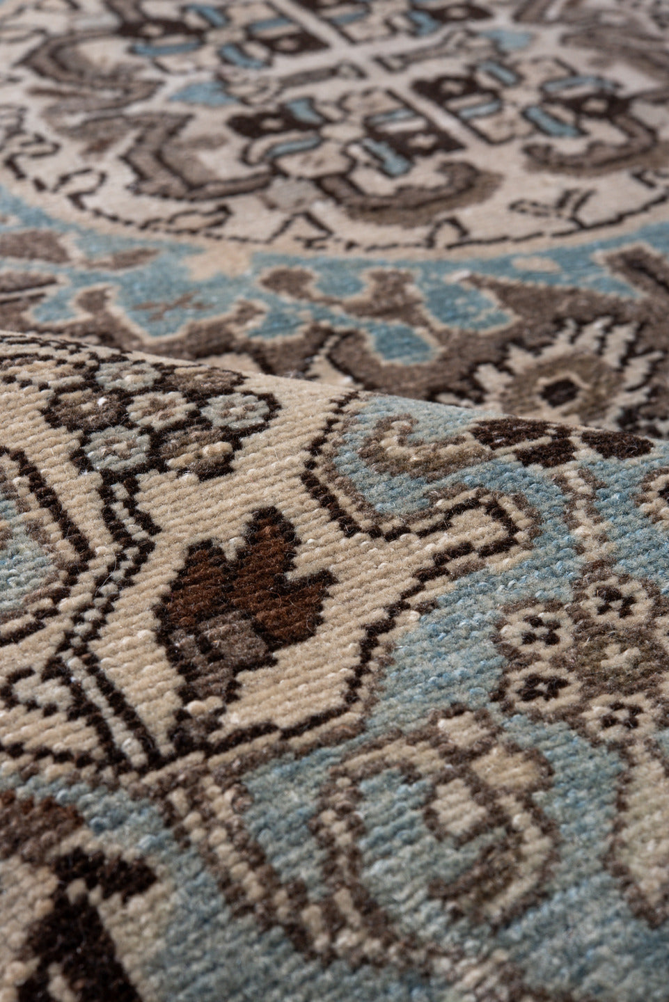 4' x 6' one-of-a-kind handmade antique Malayer small size rug. Color palette: ivory, sky blue, taupe, charcoal, brown, slate