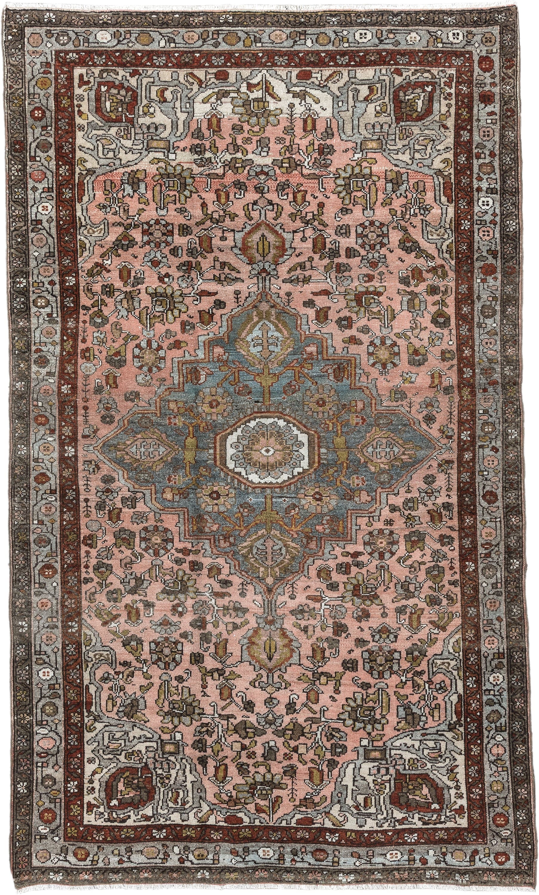 4' x 7' one-of-a-kind handmade antique Malayer rug. Color palette: rose, slate, ivory, rust, charcoal, sage, gold, taupe