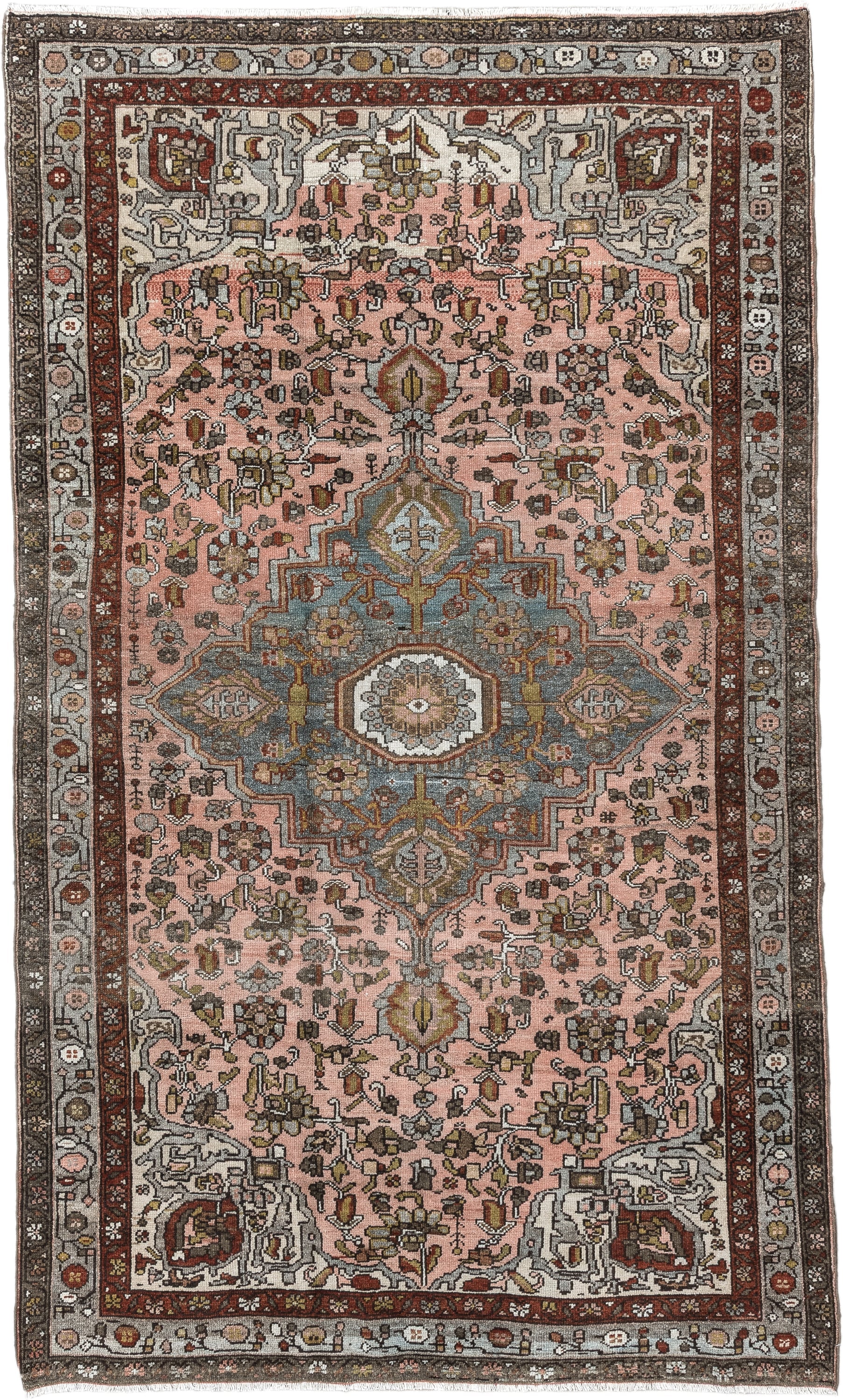 4' x 7' one-of-a-kind handmade antique Malayer rug. Color palette: rose, slate, ivory, rust, charcoal, sage, gold, taupe
