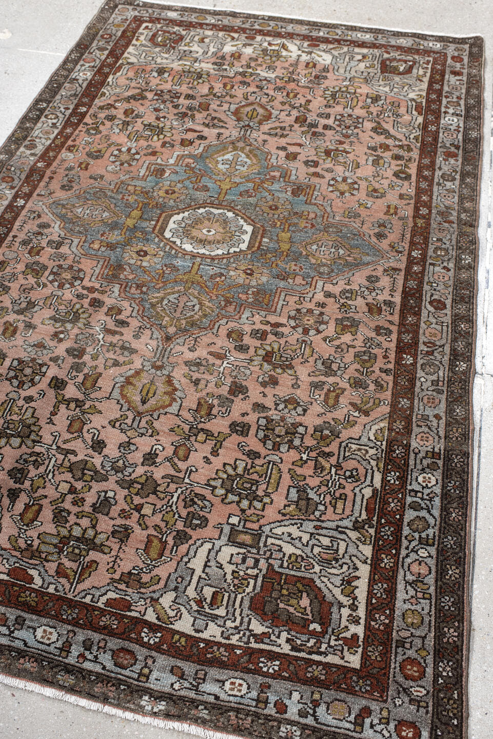 4' x 7' one-of-a-kind handmade antique Malayer rug. Color palette: rose, slate, ivory, rust, charcoal, sage, gold, taupe