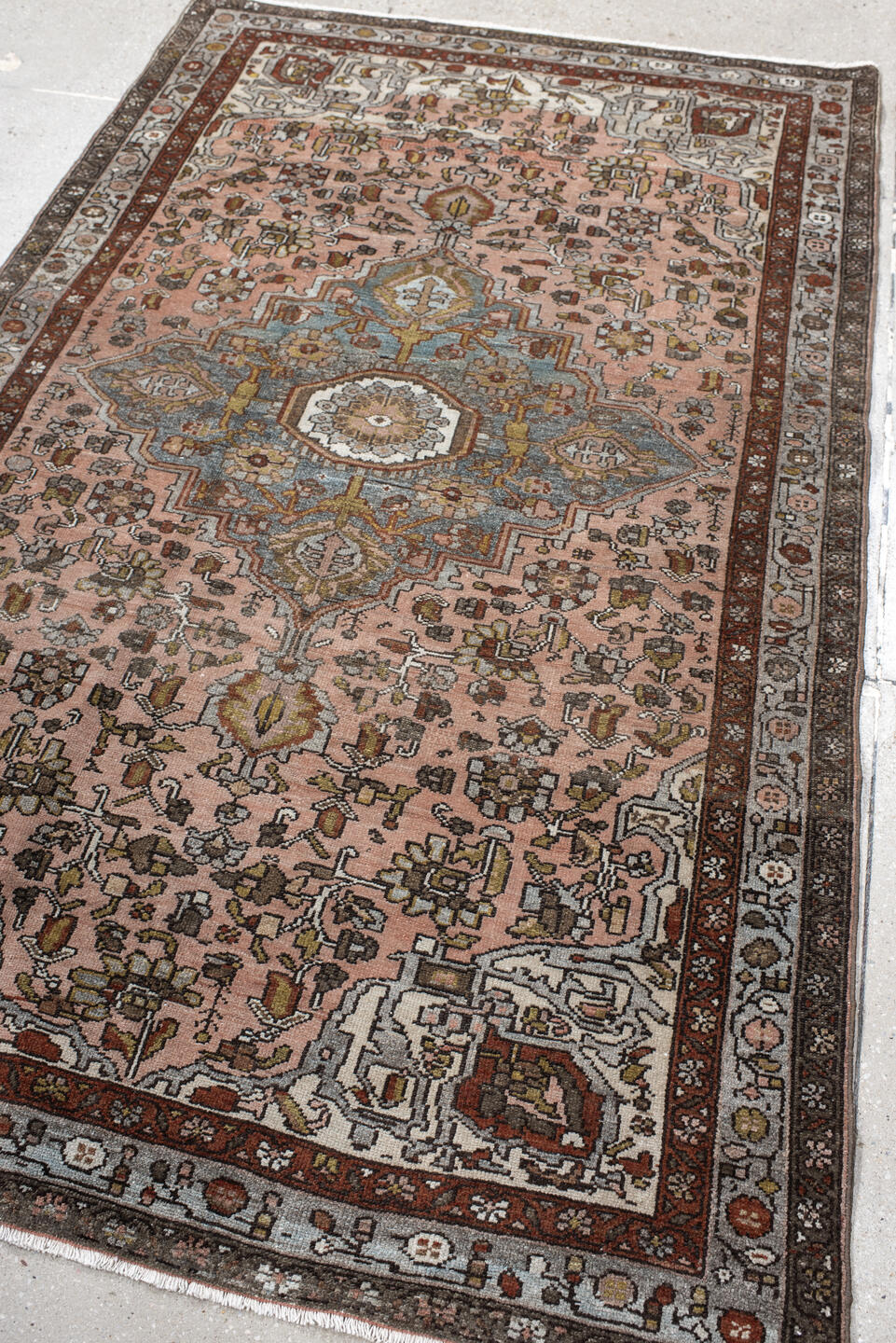 4' x 7' one-of-a-kind handmade antique Malayer rug. Color palette: rose, slate, ivory, rust, charcoal, sage, gold, taupe