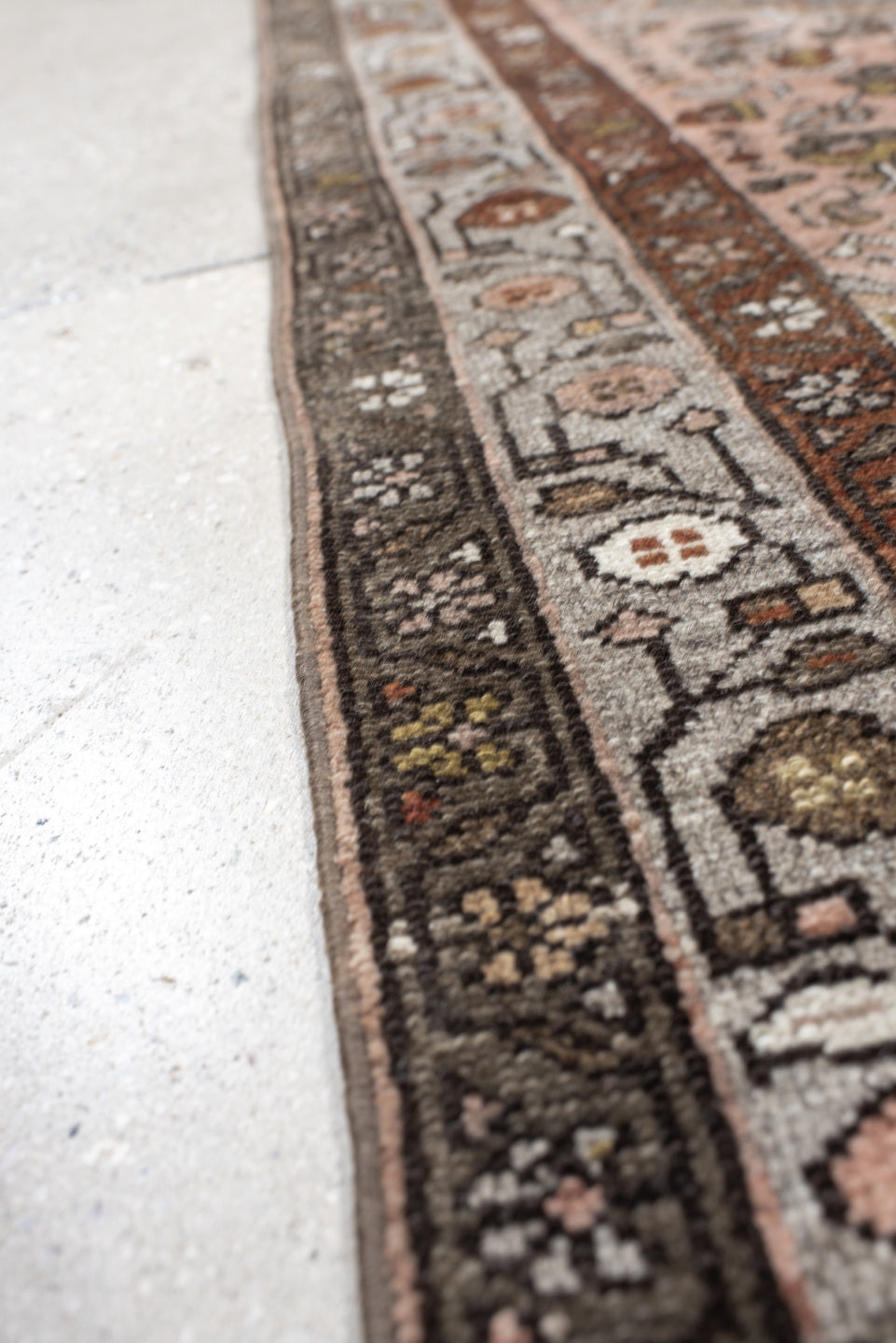 4' x 7' one-of-a-kind handmade antique Malayer rug. Color palette: rose, slate, ivory, rust, charcoal, sage, gold, taupe