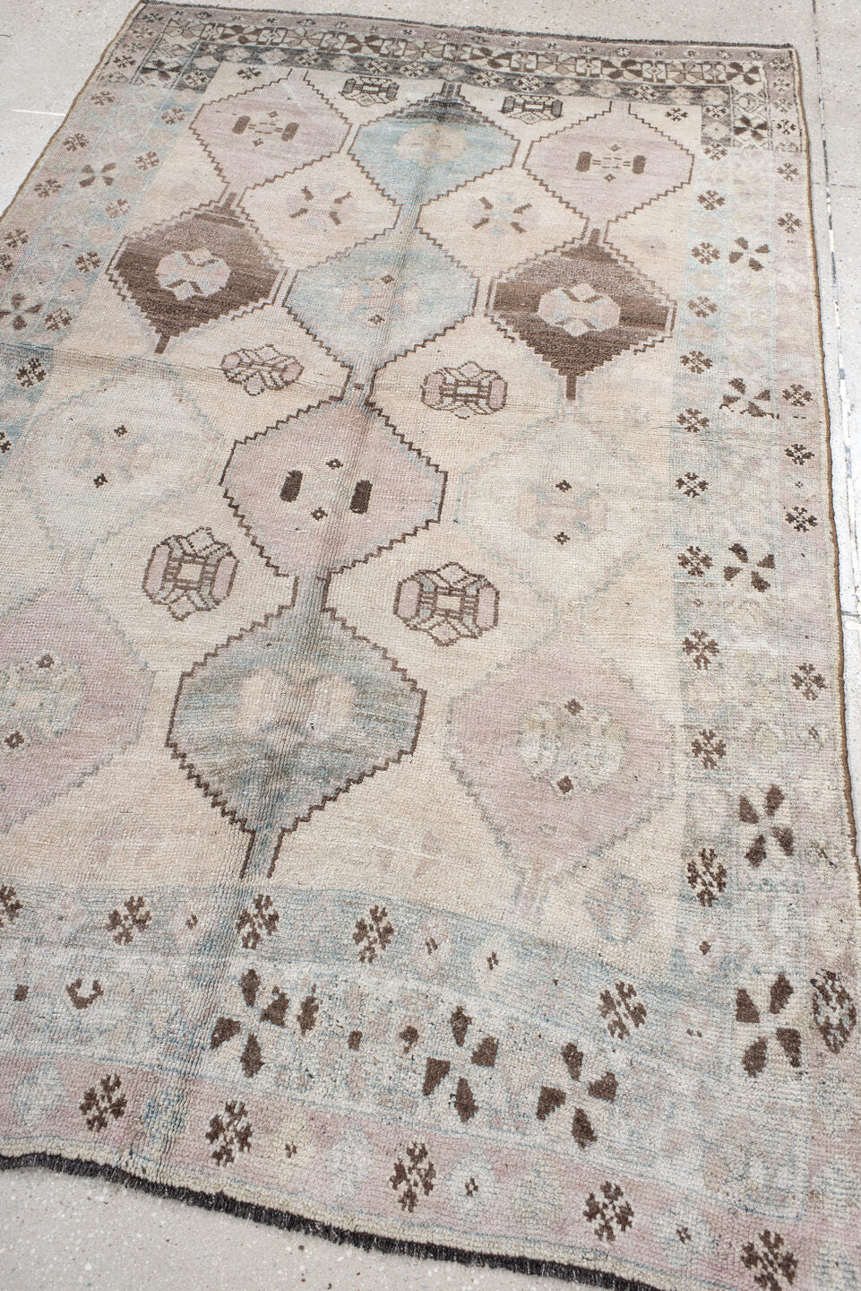 4' x 7' one-of-a-kind handmade vintage Gabbe rug. Color palette: ivory, sky blue, taupe, brown, blush, charcoal, light blue