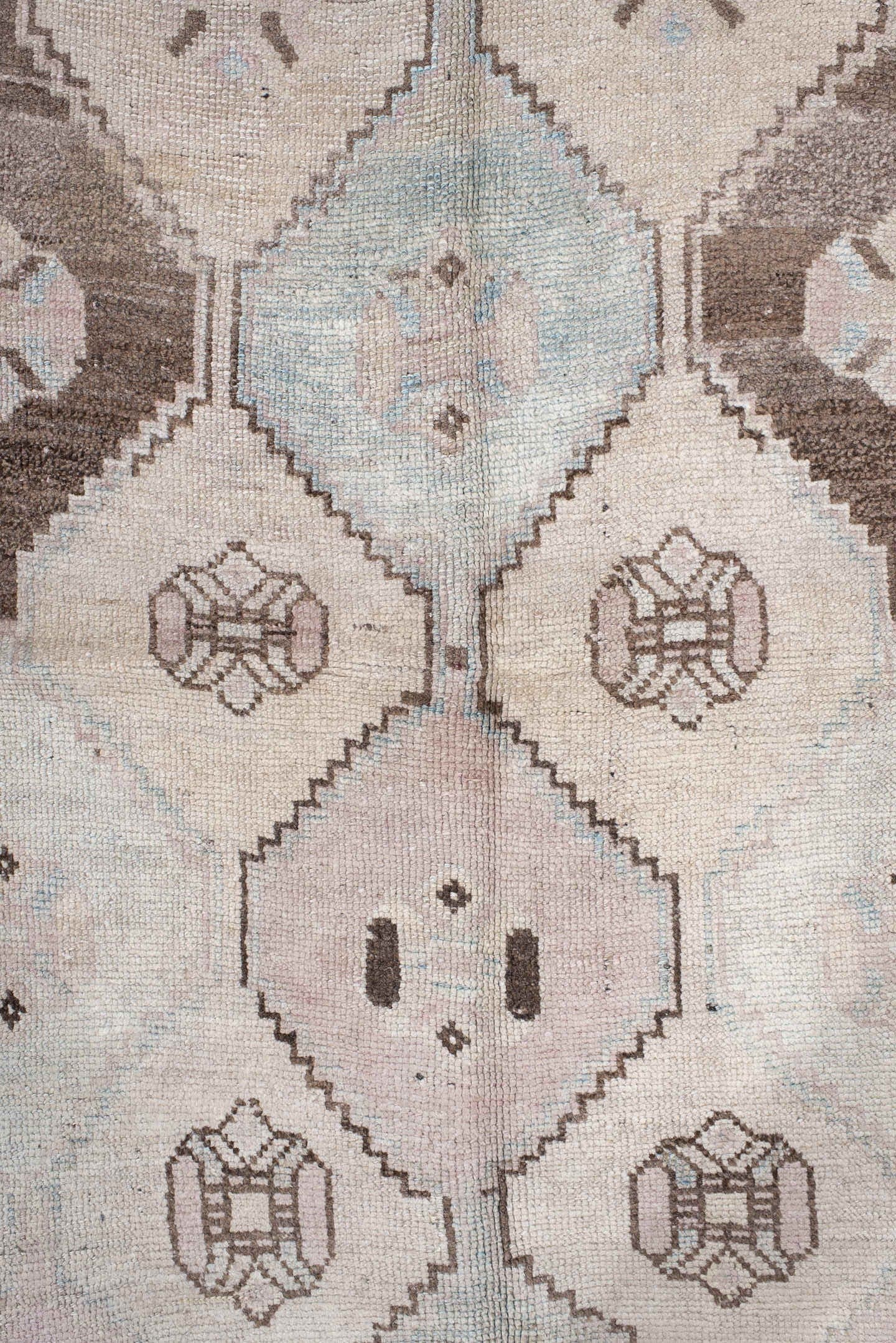 4' x 7' one-of-a-kind handmade vintage Gabbe rug. Color palette: ivory, sky blue, taupe, brown, blush, charcoal, light blue