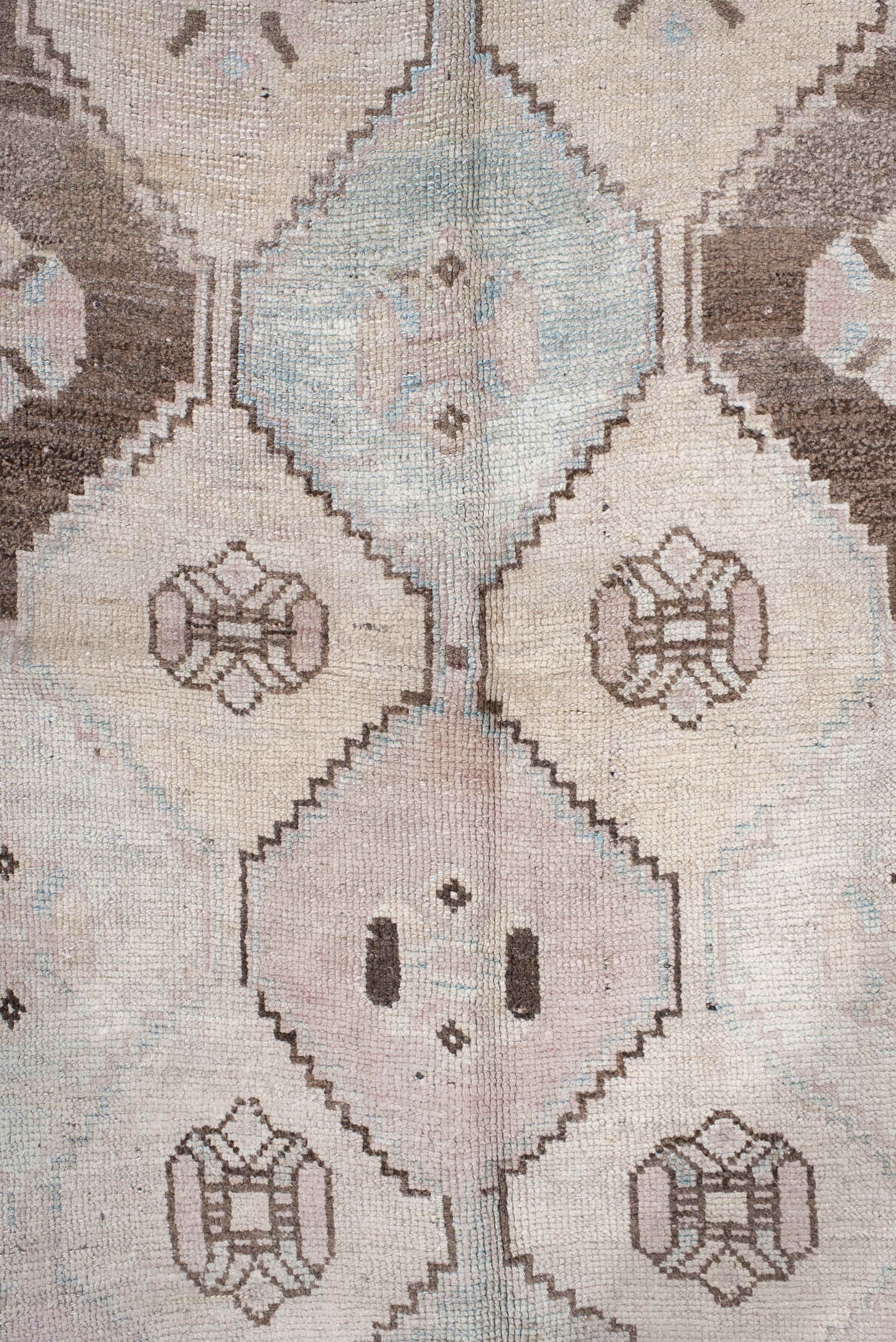 4' x 7' one-of-a-kind handmade vintage Gabbe rug. Color palette: ivory, sky blue, taupe, brown, blush, charcoal, light blue