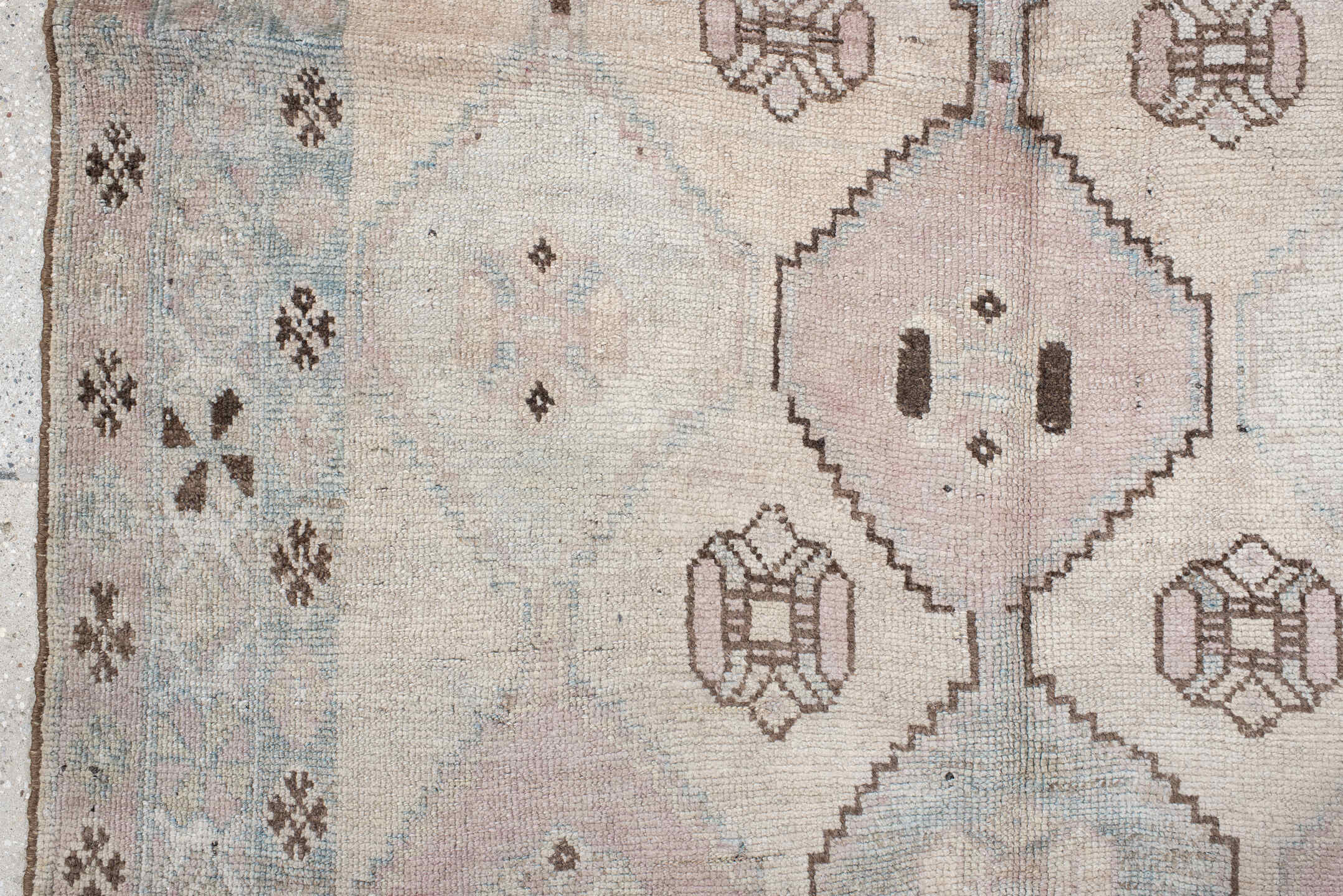 4' x 7' one-of-a-kind handmade vintage Gabbe rug. Color palette: ivory, sky blue, taupe, brown, blush, charcoal, light blue