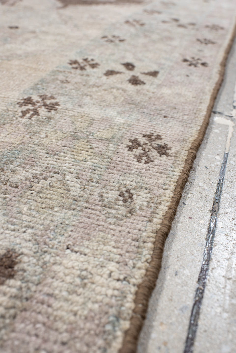 4' x 7' one-of-a-kind handmade vintage Gabbe rug. Color palette: ivory, sky blue, taupe, brown, blush, charcoal, light blue