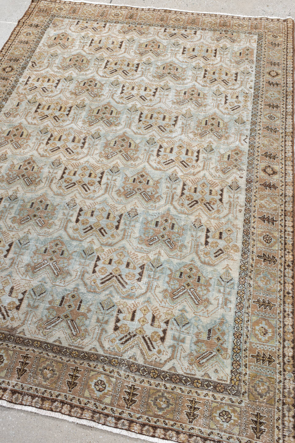 4' x 6' one-of-a-kind handmade antique Afshar small size rug. Color palette: ivory, taupe, camel, pale blue, brown, beige
