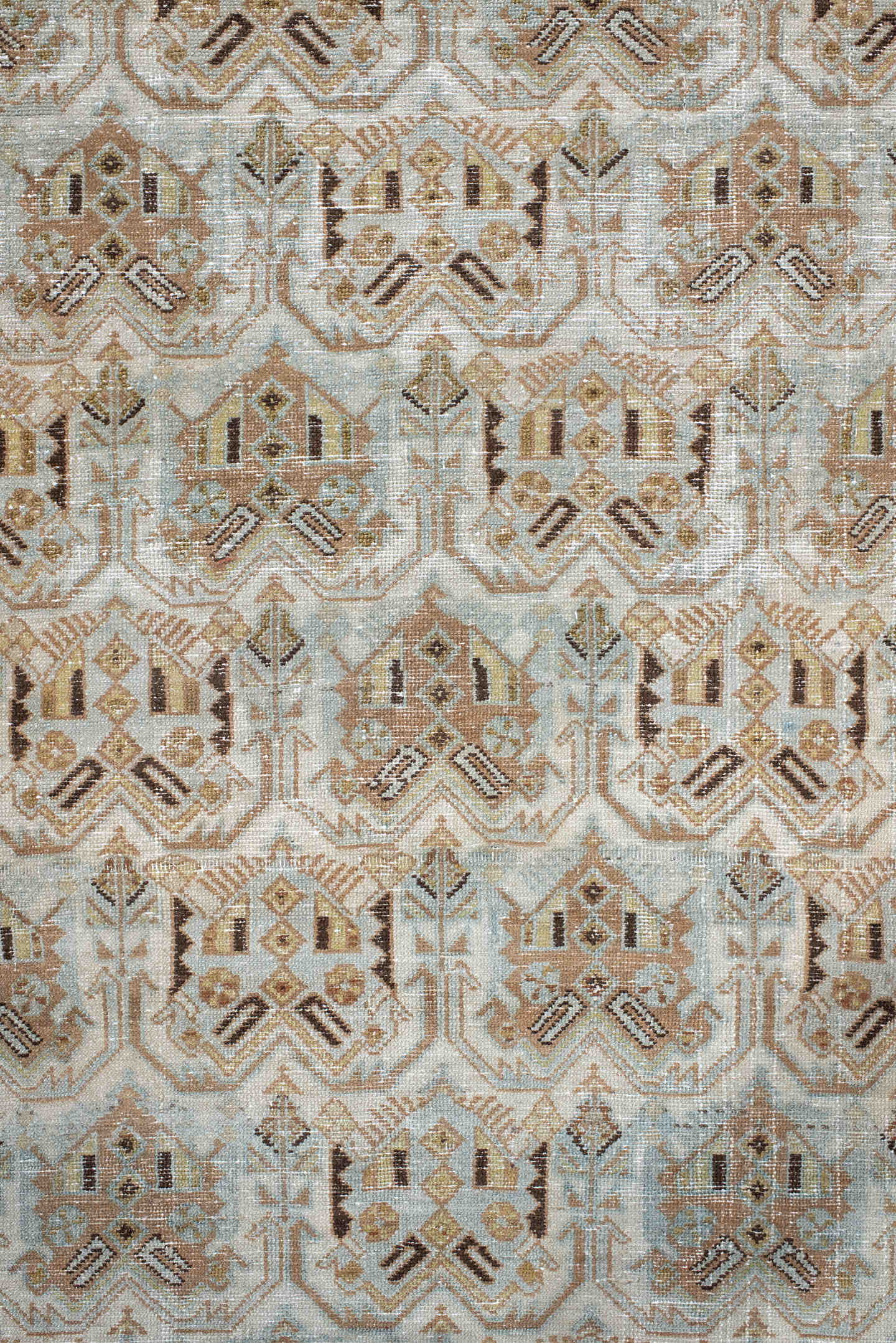 4' x 6' one-of-a-kind handmade antique Afshar small size rug. Color palette: ivory, taupe, camel, pale blue, brown, beige