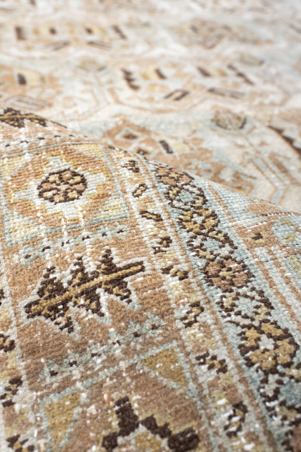 4' x 6' one-of-a-kind handmade antique Afshar small size rug. Color palette: ivory, taupe, camel, pale blue, brown, beige