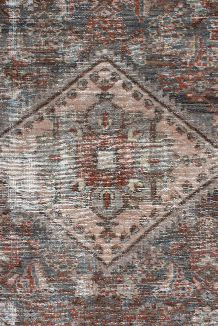 4' x 6' one-of-a-kind handmade antique Malayer rug. Color palette: blue gray, terra cotta, blush, taupe, ivory, charcoal