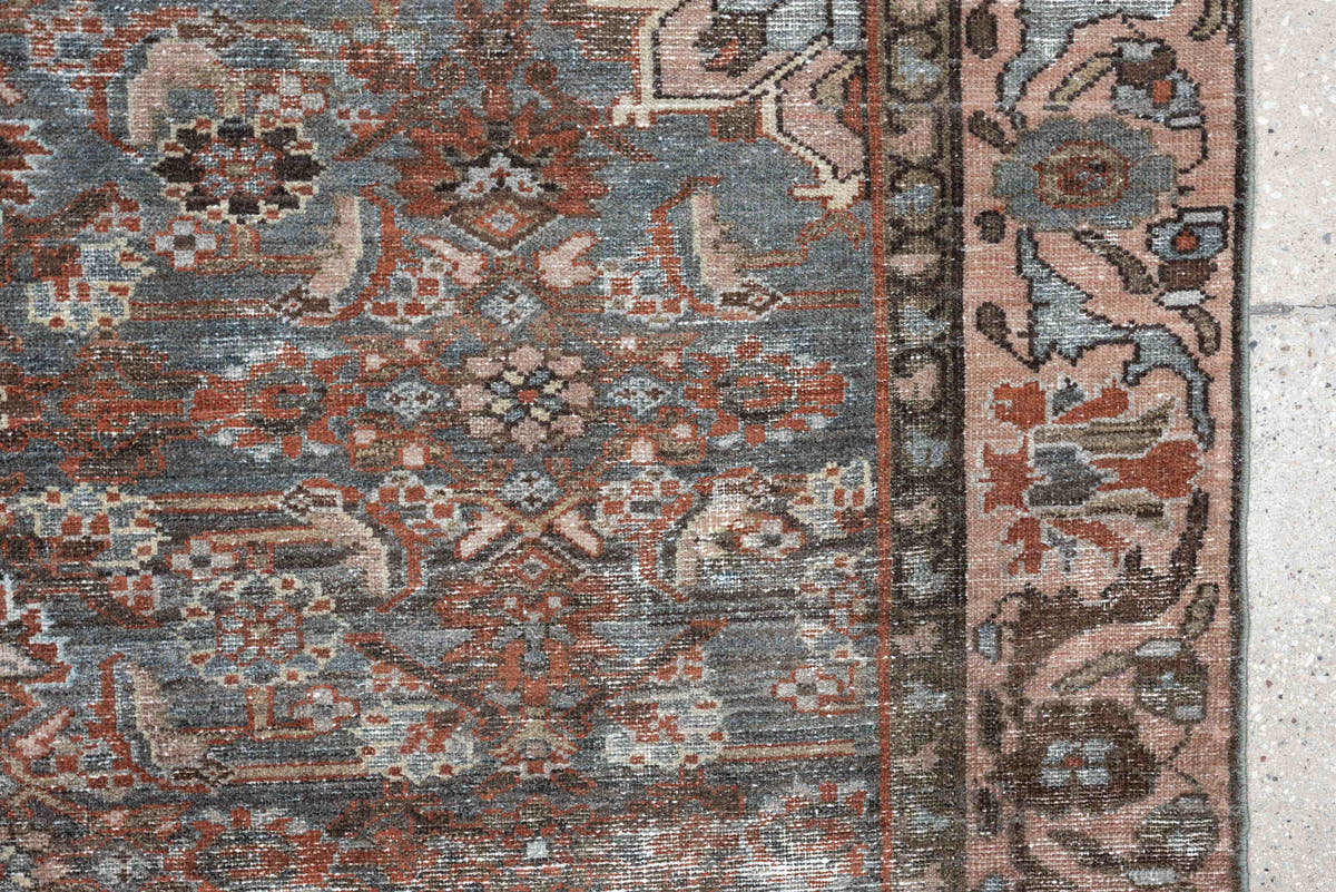 4' x 6' one-of-a-kind handmade antique Malayer rug. Color palette: blue gray, terra cotta, blush, taupe, ivory, charcoal