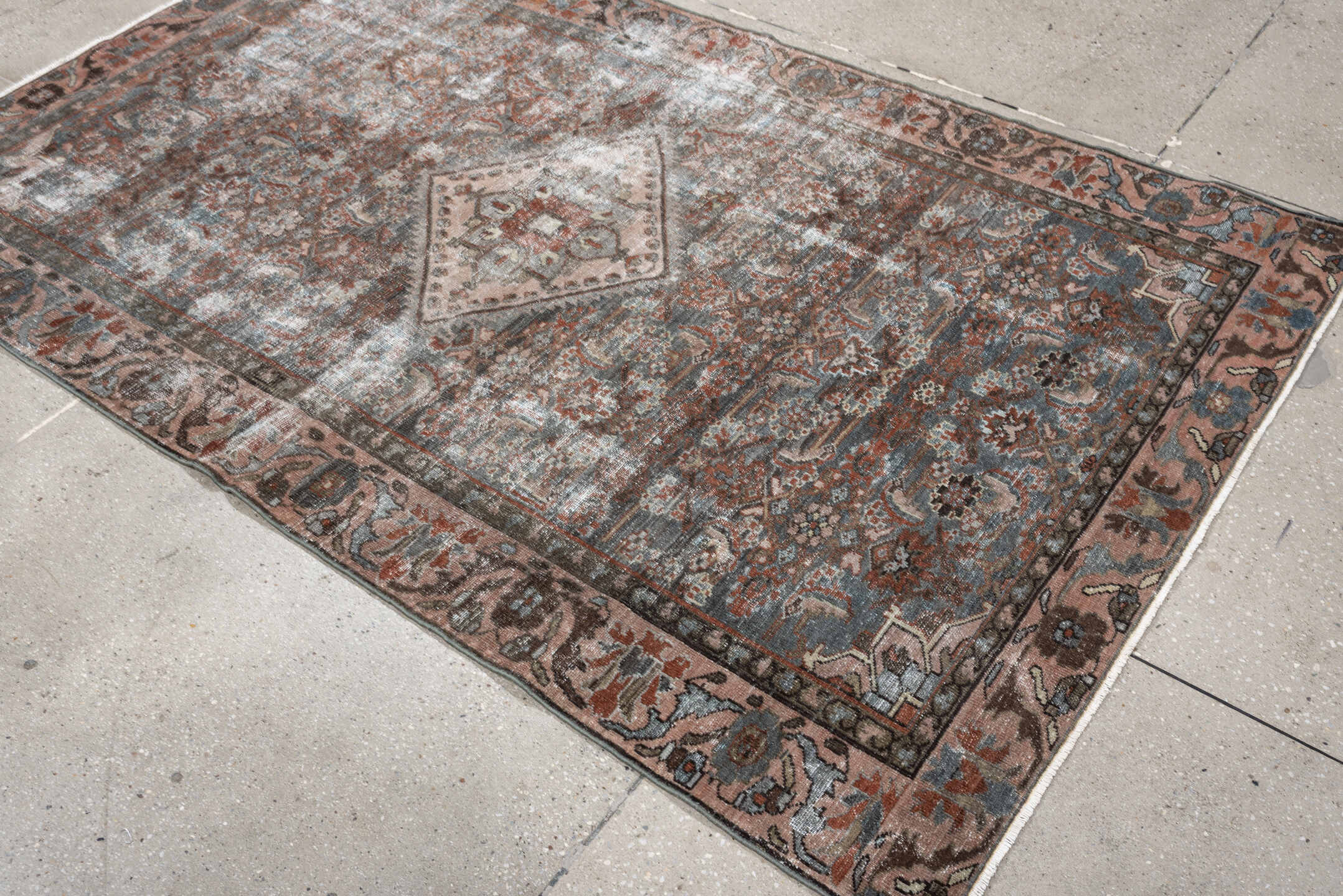 4' x 6' one-of-a-kind handmade antique Malayer rug. Color palette: blue gray, terra cotta, blush, taupe, ivory, charcoal