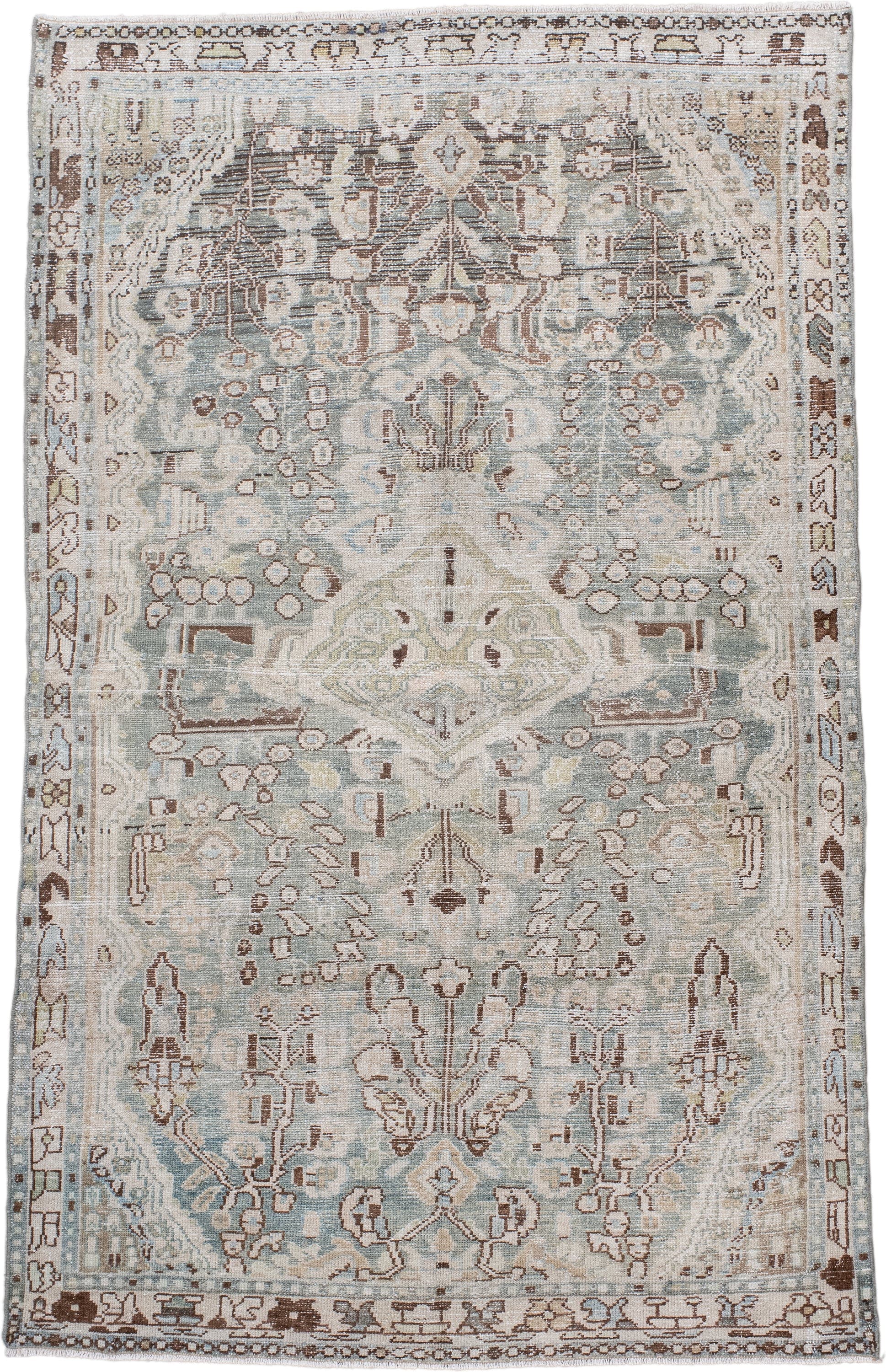 4' x 6' one-of-a-kind handmade antique Hamadan small size rug. Color palette: ivory, pale blue, taupe, brown, camel, sage