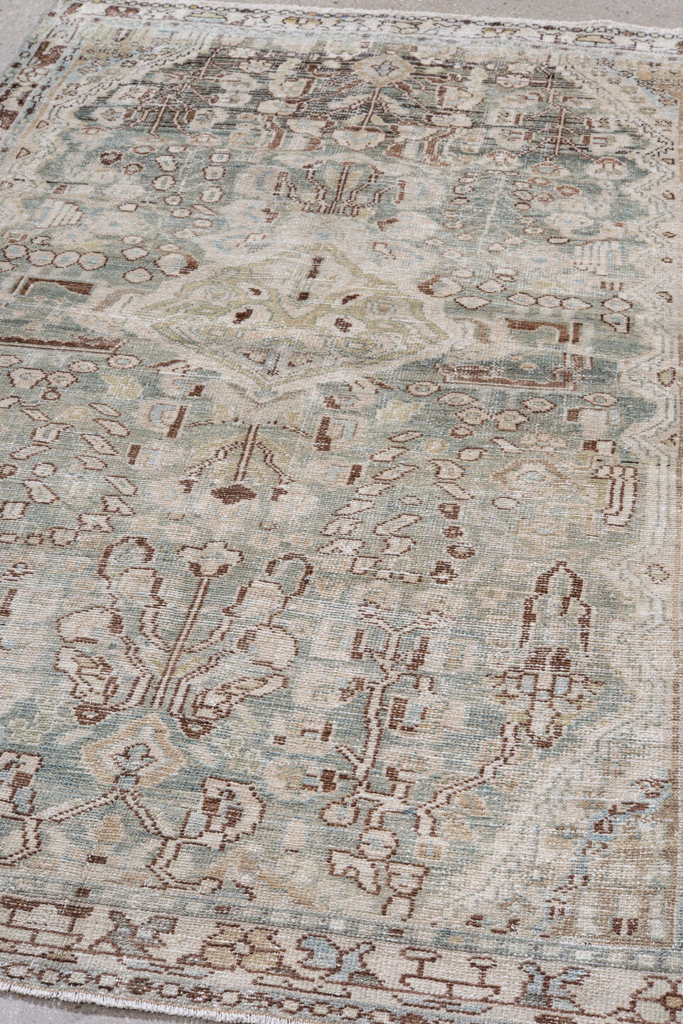 4' x 6' one-of-a-kind handmade antique Hamadan small size rug. Color palette: ivory, pale blue, taupe, brown, camel, sage